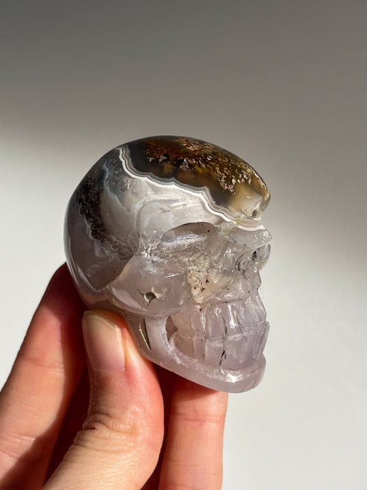 Nebula Agate w/Scenic Moss & Dendritic Inclusions Goblin Skull Carving #A