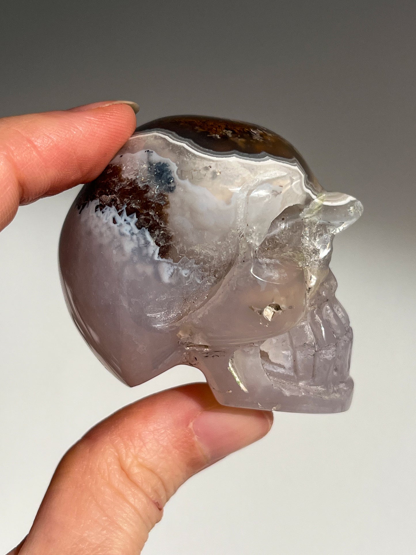 Nebula Agate w/Scenic Moss & Dendritic Inclusions Goblin Skull Carving #A