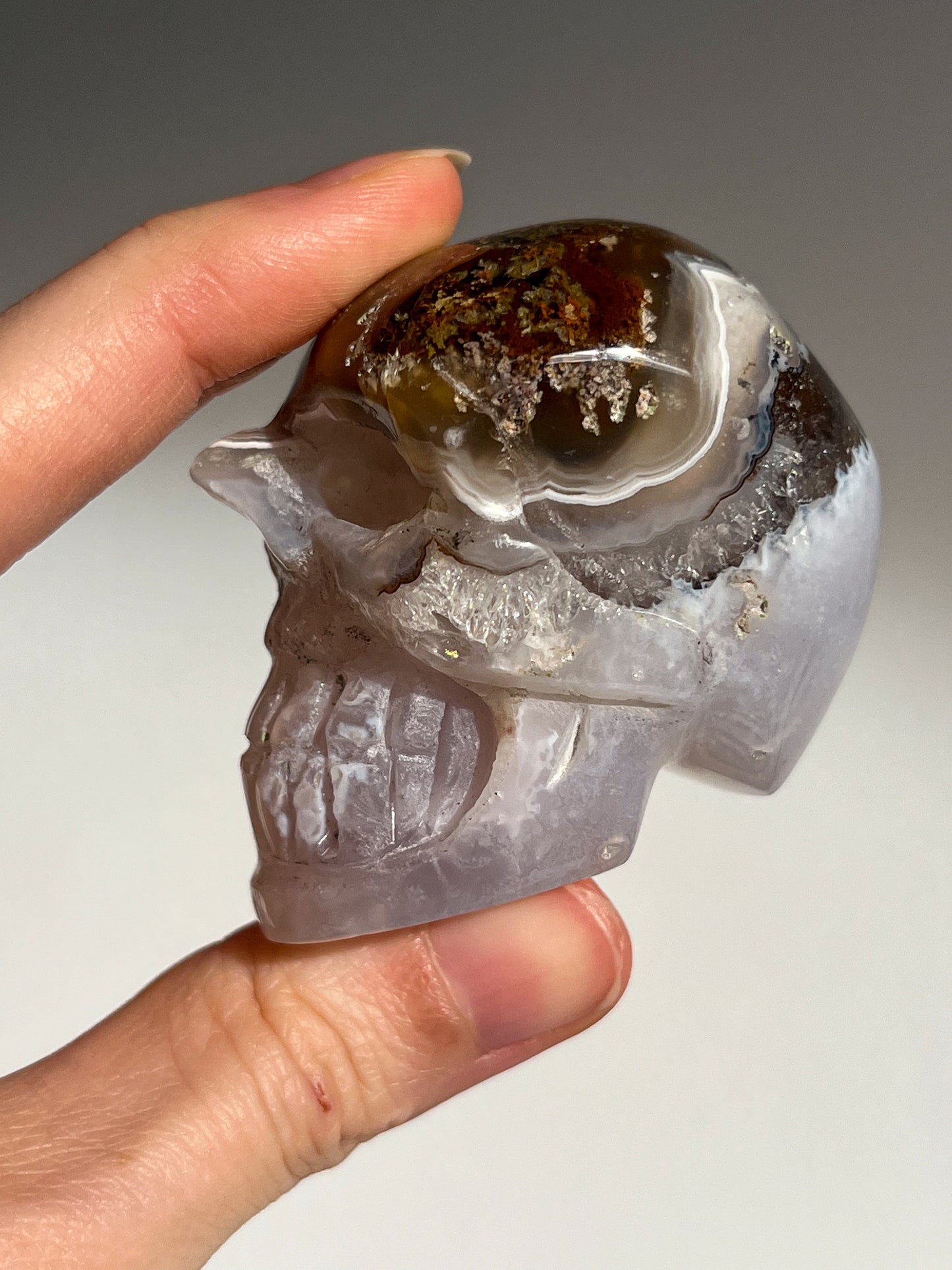 Nebula Agate w/Scenic Moss & Dendritic Inclusions Goblin Skull Carving #A