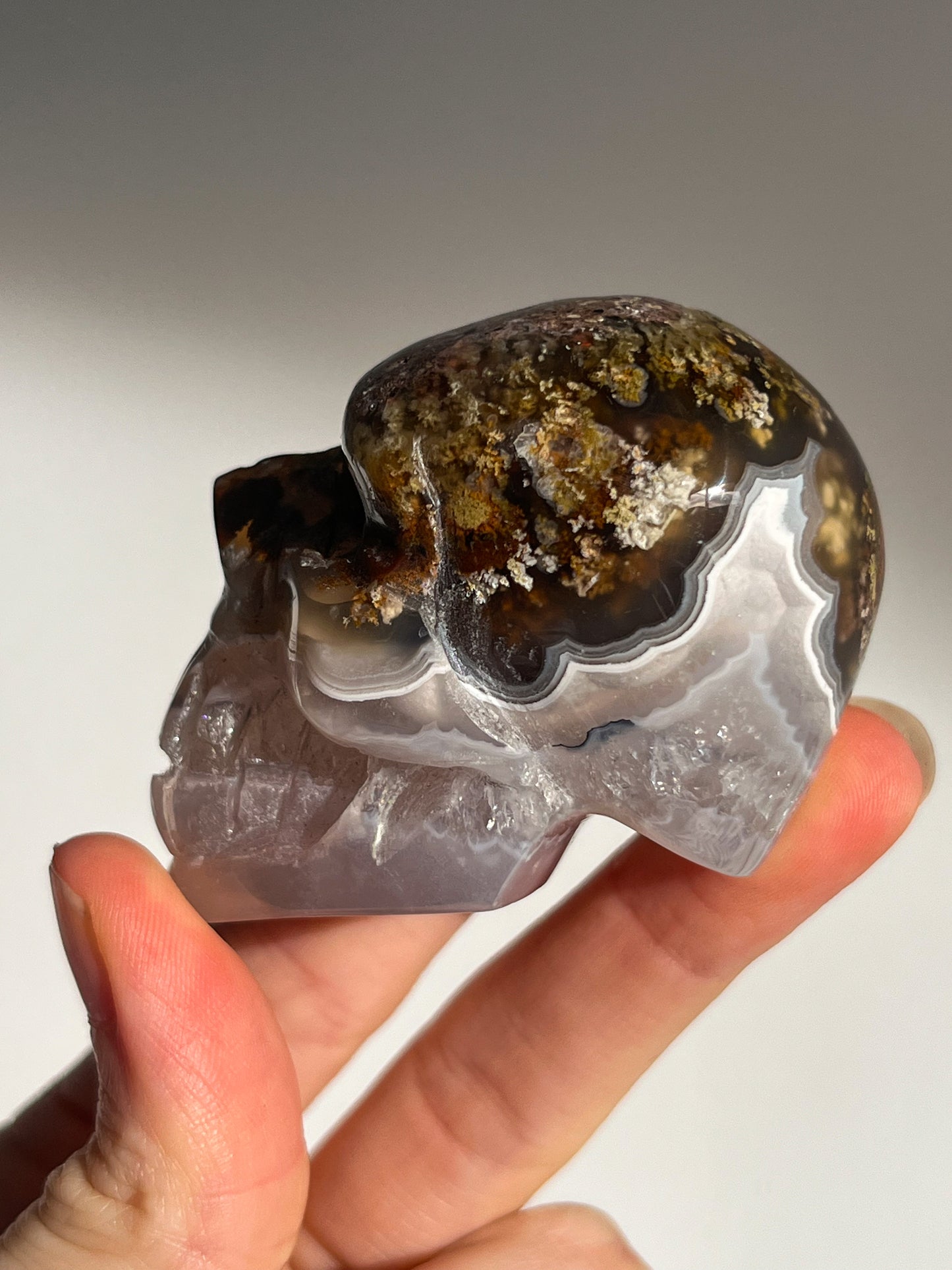 Nebula Agate w/Scenic Moss & Dendritic Inclusions Goblin Skull Carving #B