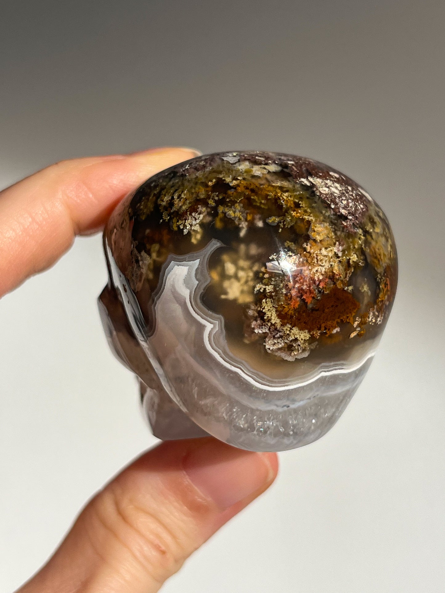 Nebula Agate w/Scenic Moss & Dendritic Inclusions Goblin Skull Carving #B