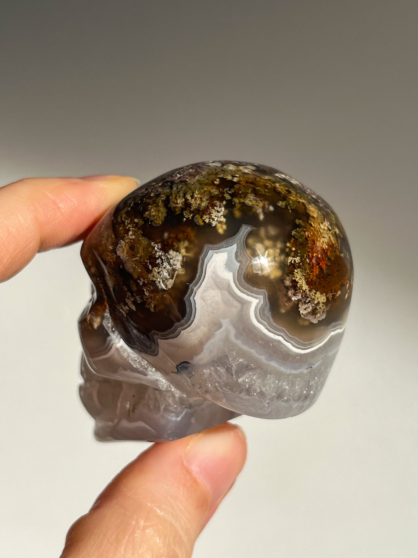 Nebula Agate w/Scenic Moss & Dendritic Inclusions Goblin Skull Carving #B