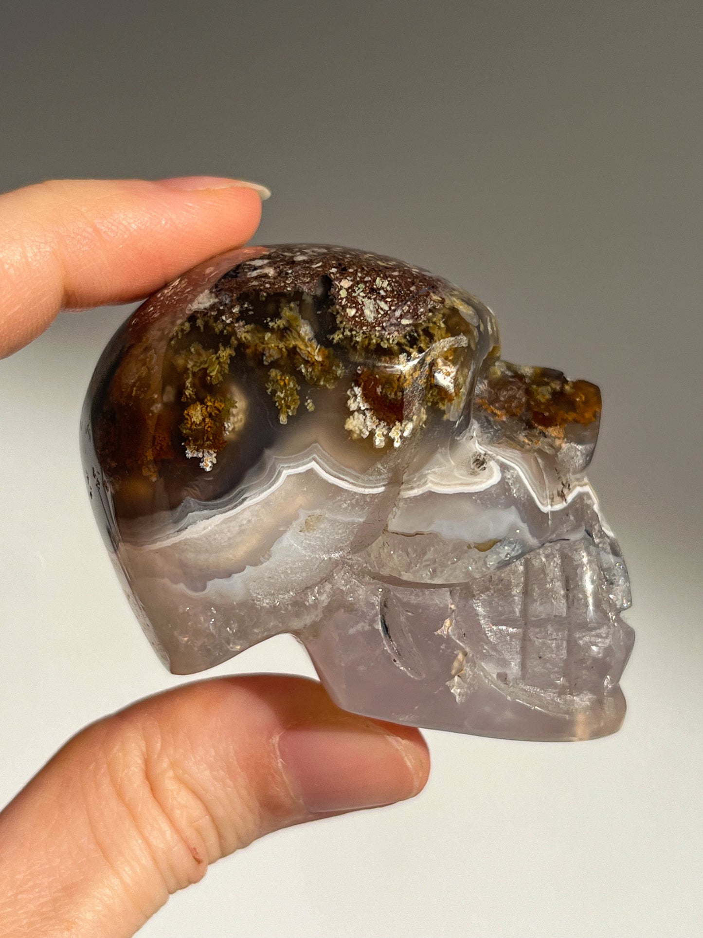 Nebula Agate w/Scenic Moss & Dendritic Inclusions Goblin Skull Carving #B