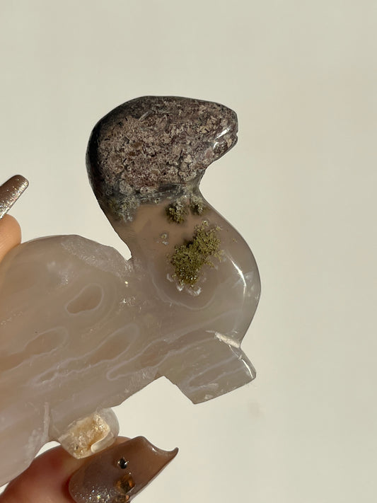 ‘Littlefoot’ Nebula Agate with Scenic Moss Dinosaur Carving A