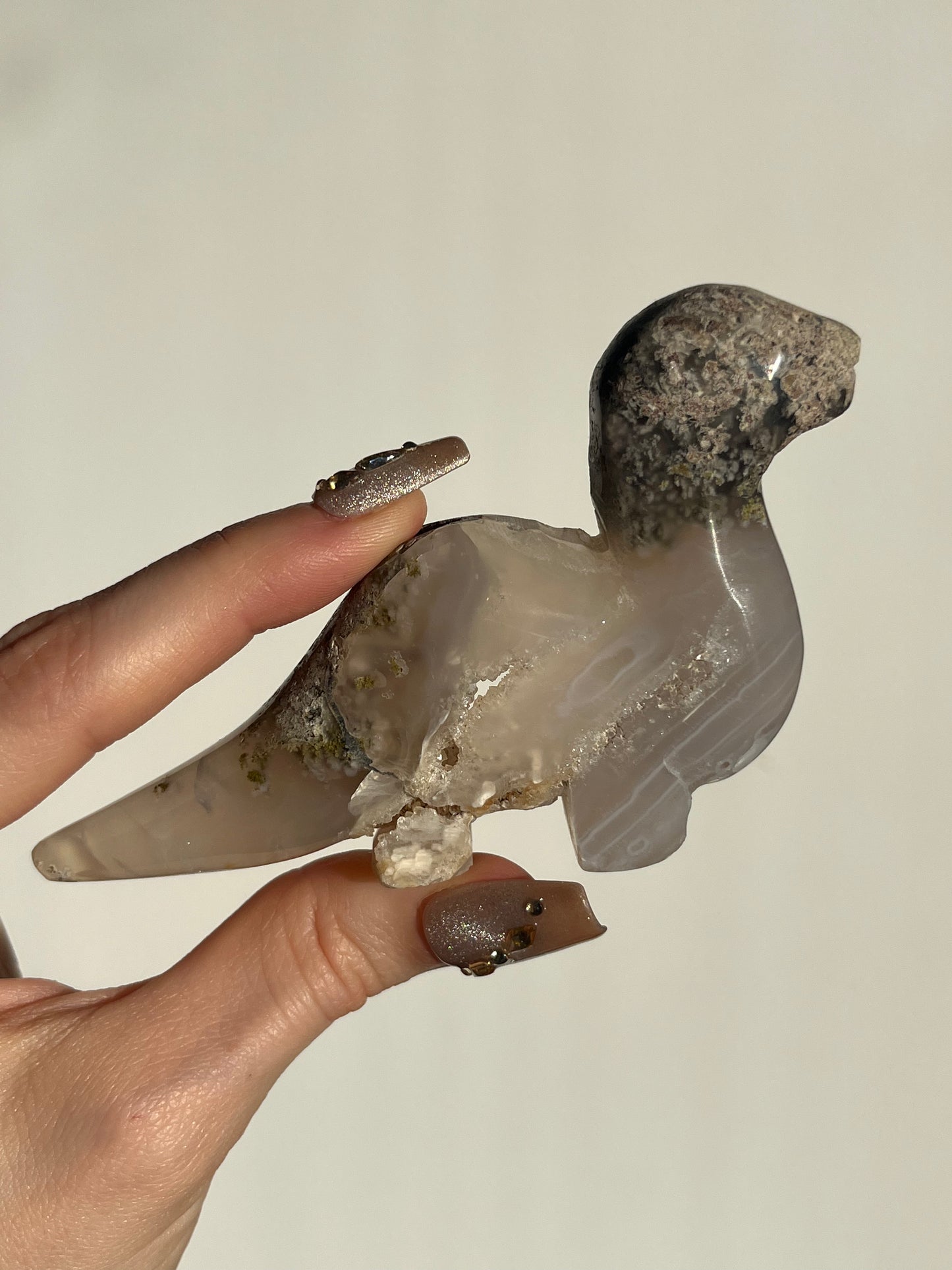‘Titano’ Nebula Agate with Scenic Moss Dinosaur Carving B