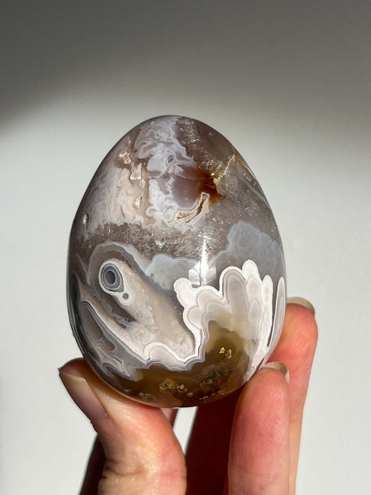 Orbicular Nebula Agate w/Scenic Moss & Dendritic Inclusions Egg Carving #B