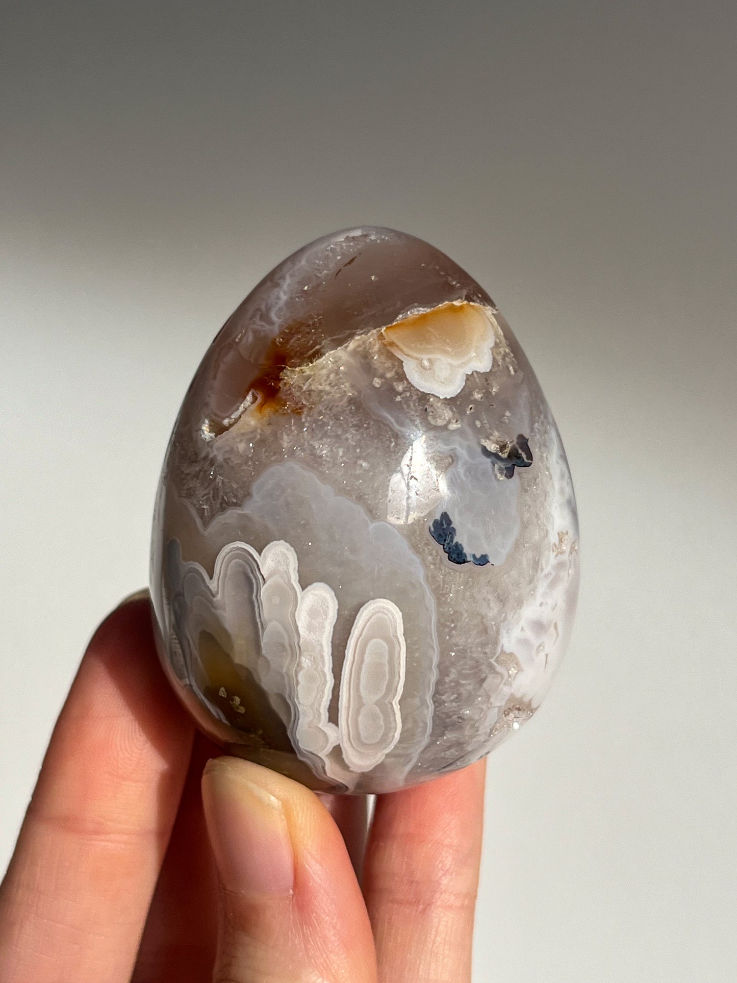 Orbicular Nebula Agate w/Scenic Moss & Dendritic Inclusions Egg Carving #B