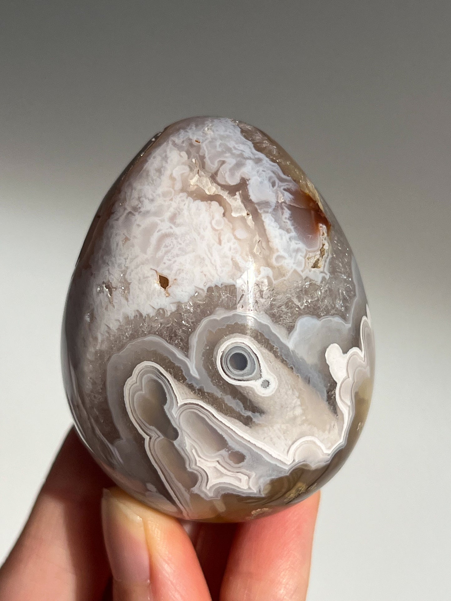 Orbicular Nebula Agate w/Scenic Moss & Dendritic Inclusions Egg Carving #B