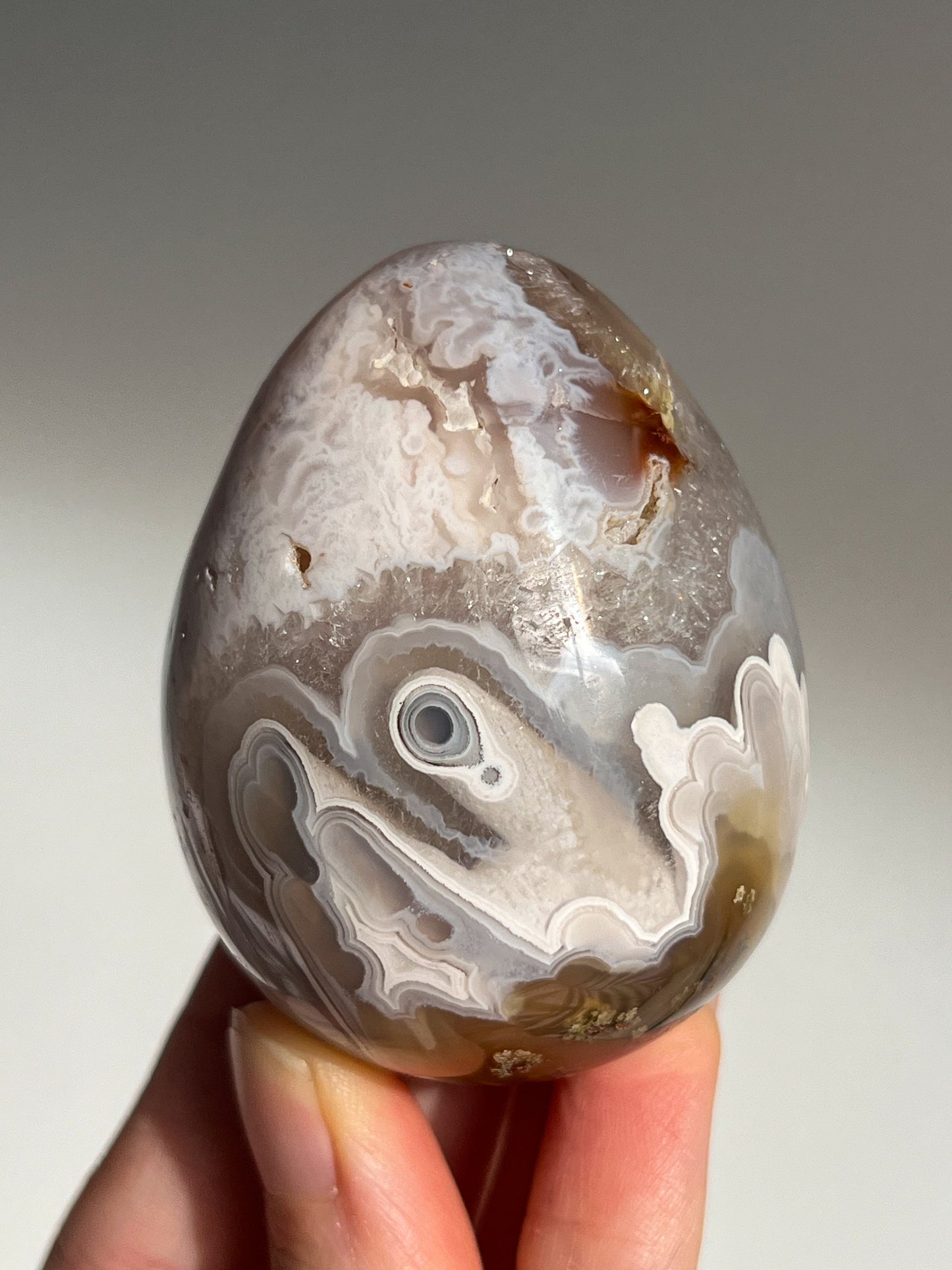 Orbicular Nebula Agate w/Scenic Moss & Dendritic Inclusions Egg Carving #B