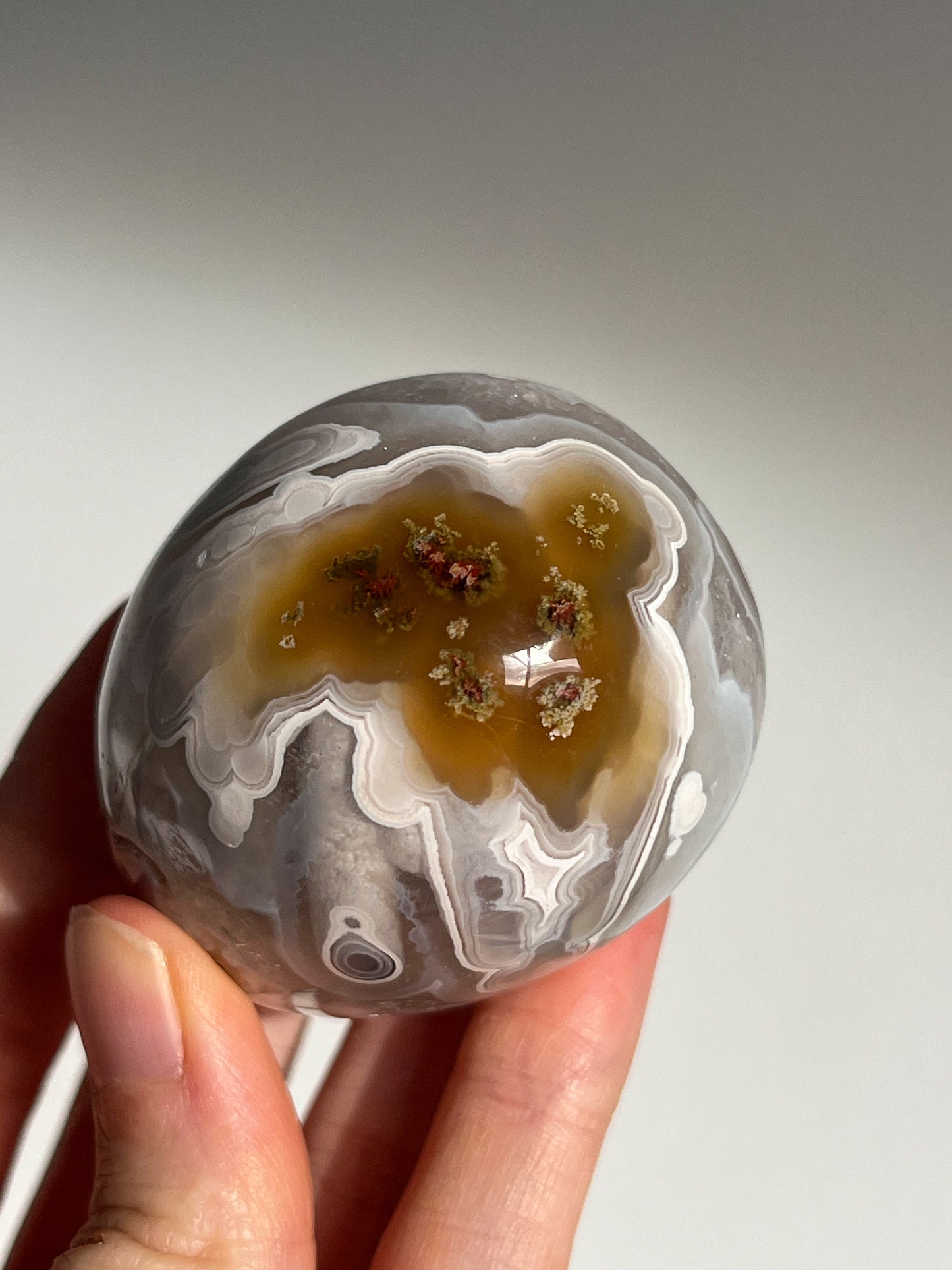 Orbicular Nebula Agate w/Scenic Moss & Dendritic Inclusions Egg Carving #B