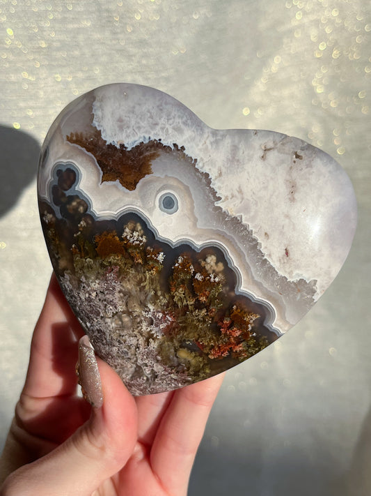 Nebula Agate & Scenic Moss Heart w/ Gold Slab Stand #2