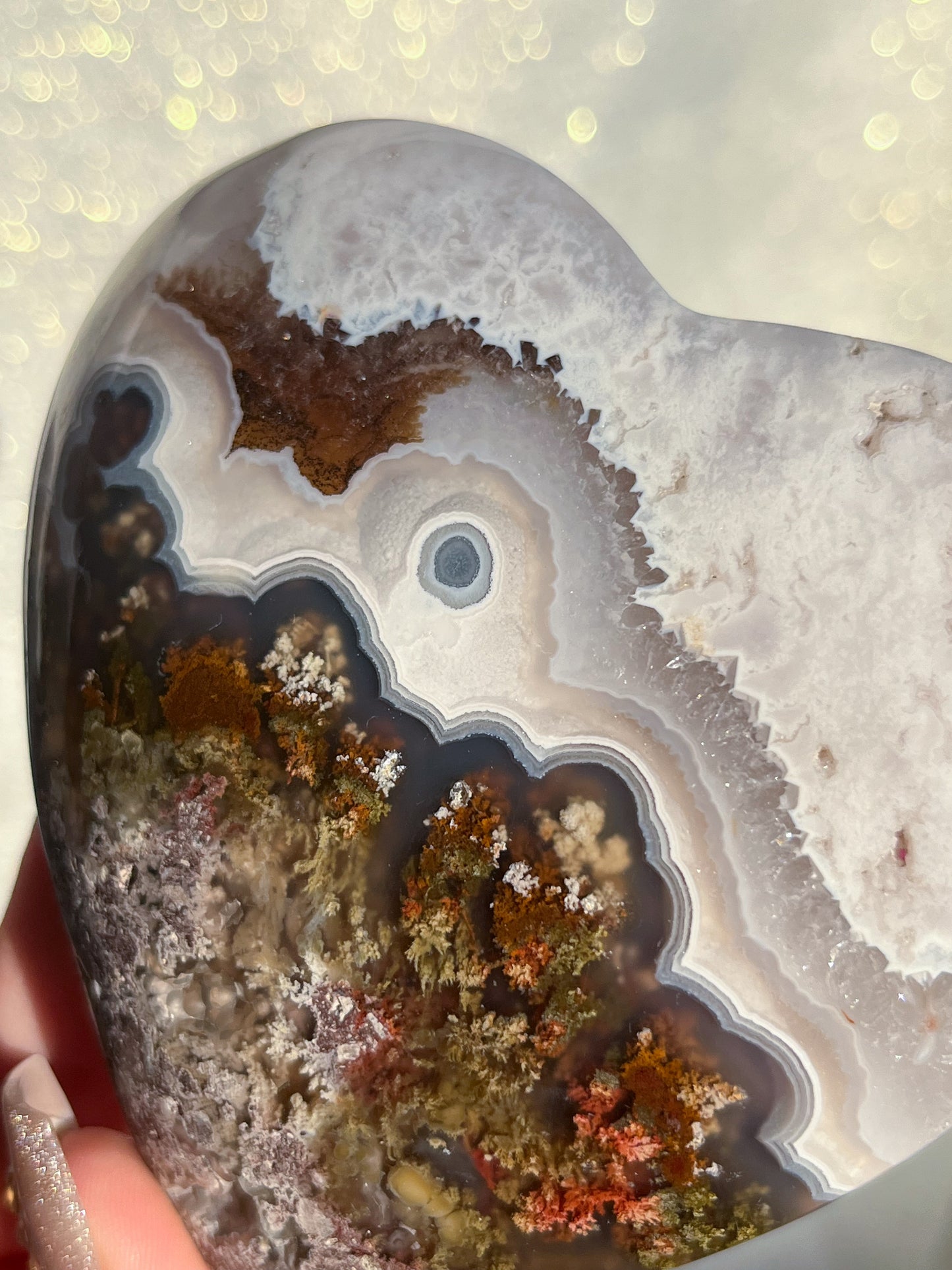 Nebula Agate & Scenic Moss Heart w/ Gold Slab Stand #2