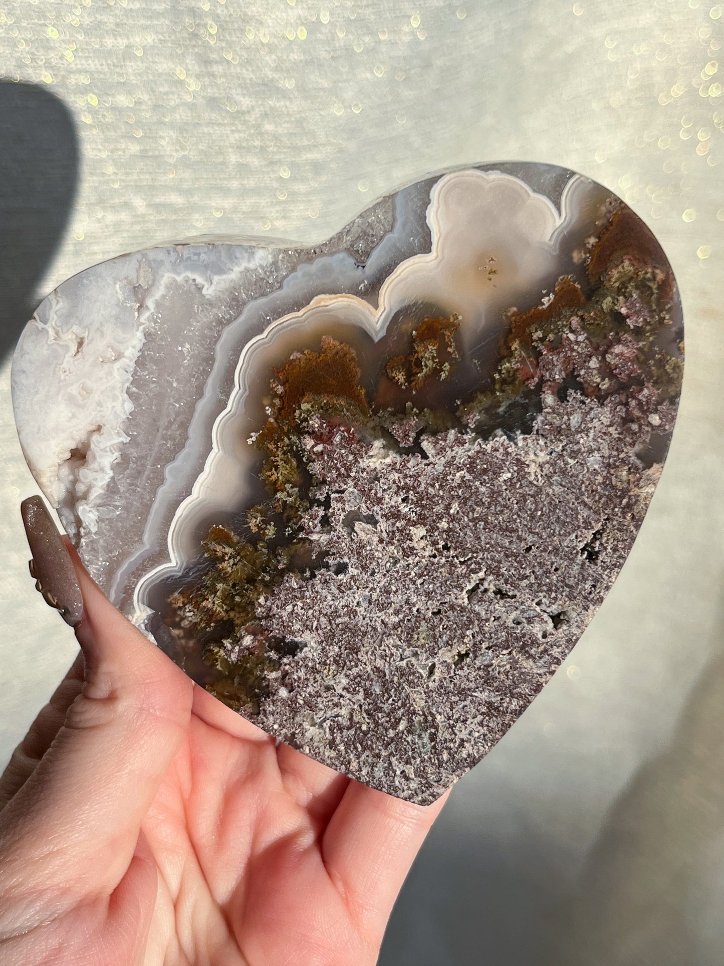 Nebula Agate & Scenic Moss Heart w/ Gold Slab Stand #2