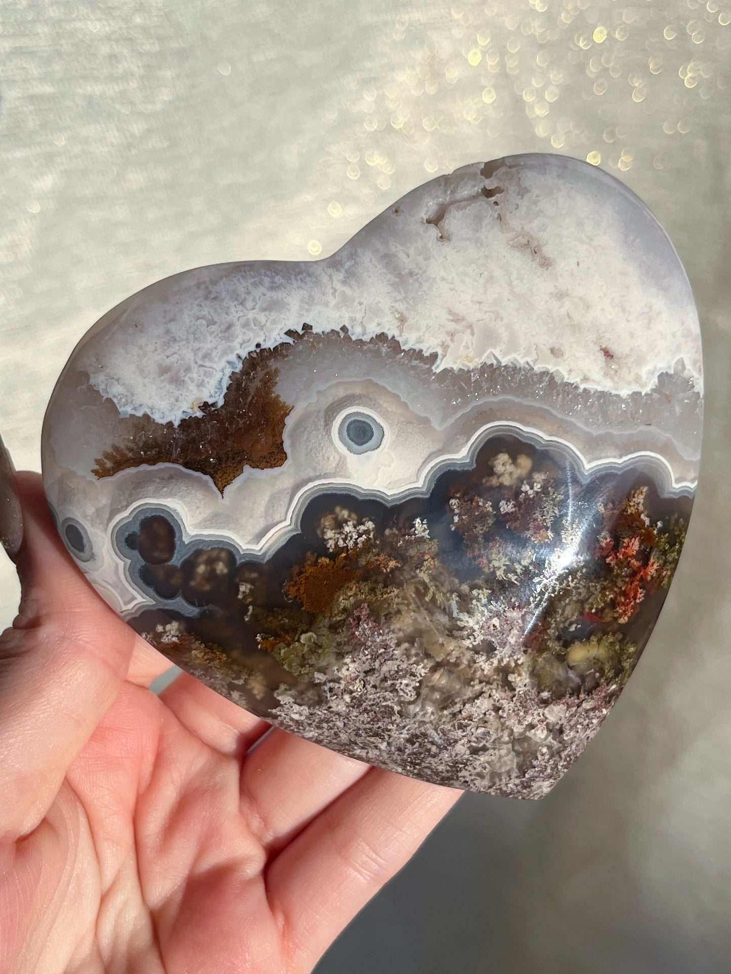 Nebula Agate & Scenic Moss Heart w/ Gold Slab Stand #2