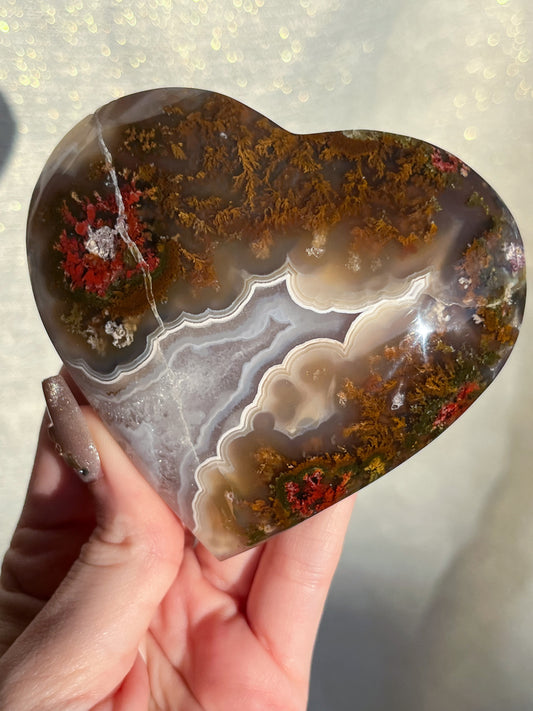 Nebula Agate & Scenic Moss Heart w/ Gold Slab Stand #1