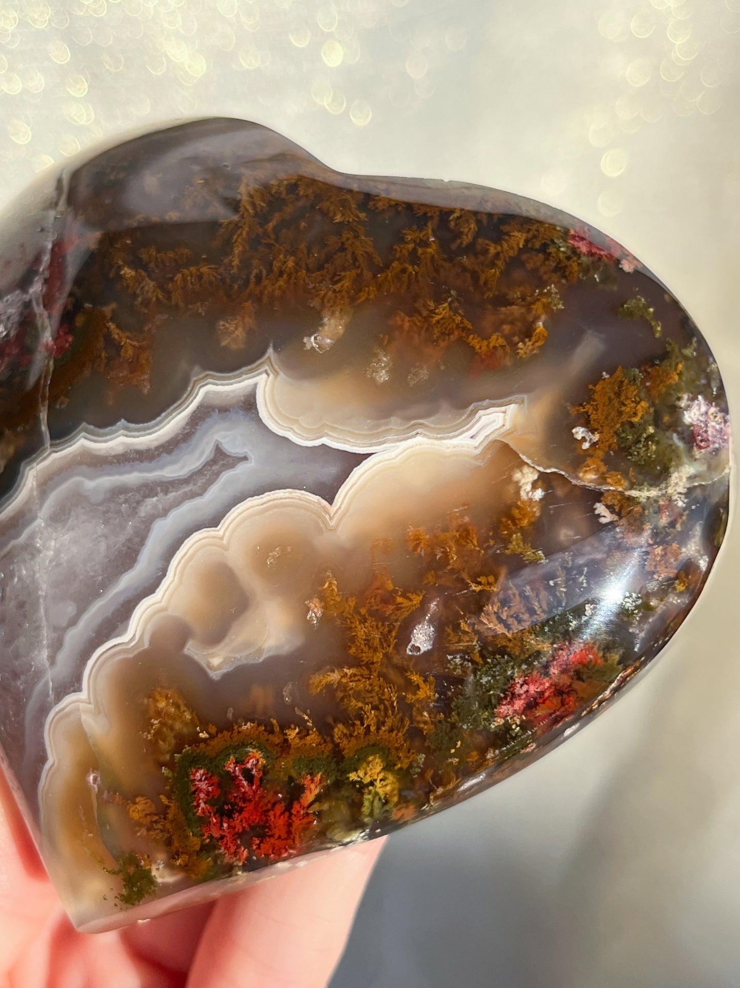 Nebula Agate & Scenic Moss Heart w/ Gold Slab Stand #1