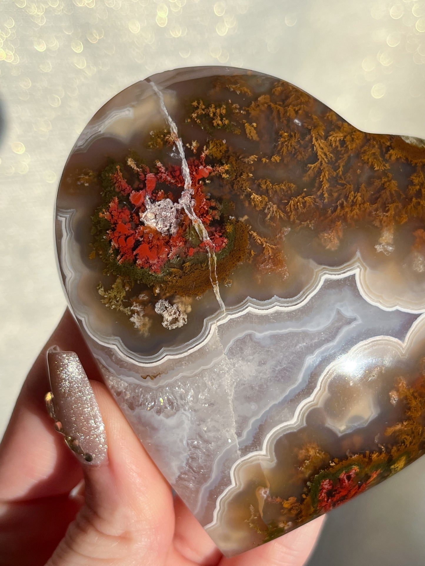 Nebula Agate & Scenic Moss Heart w/ Gold Slab Stand #1