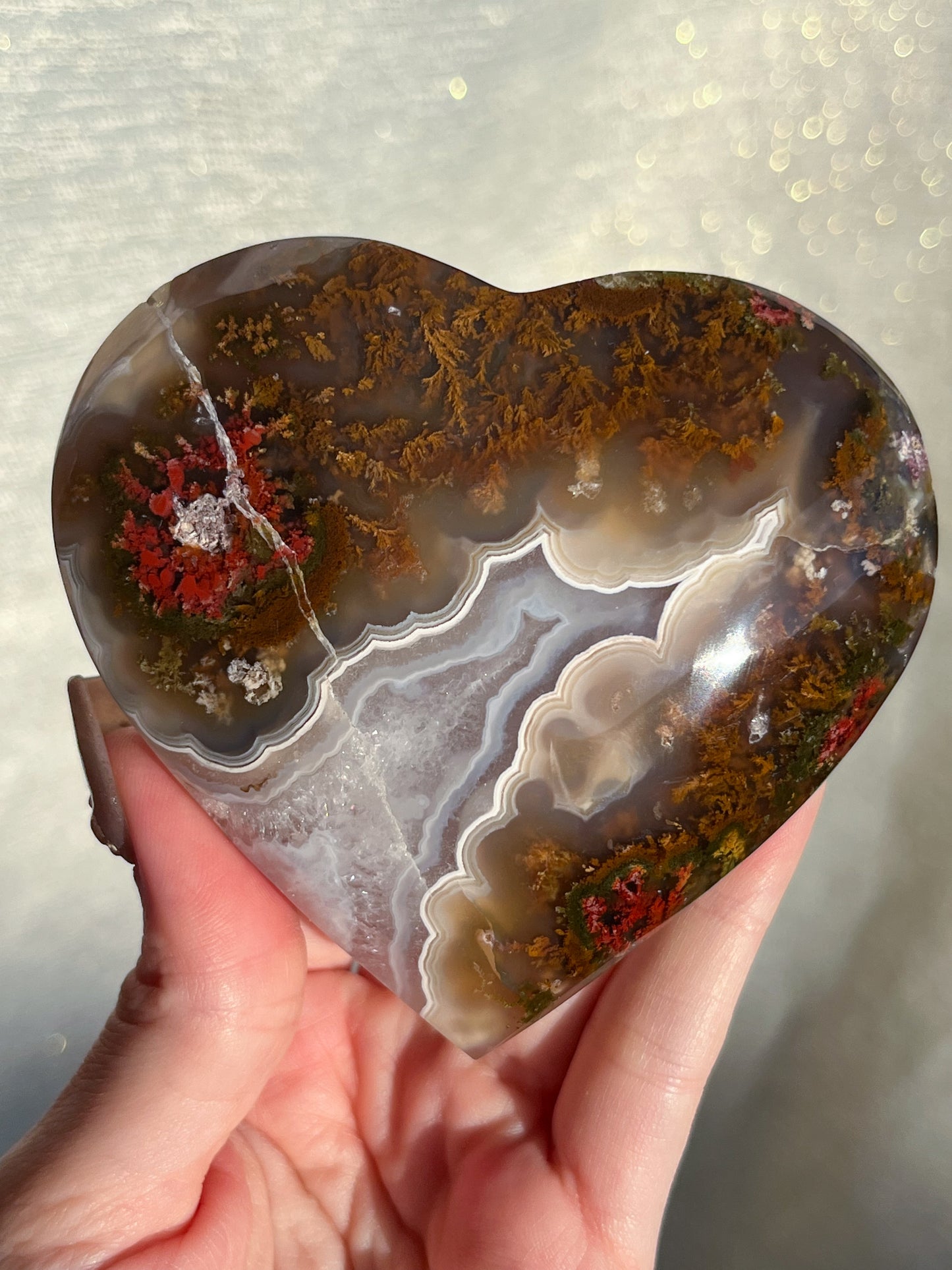 Nebula Agate & Scenic Moss Heart w/ Gold Slab Stand #1