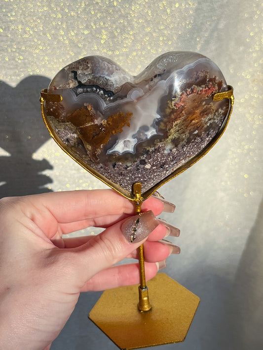 Nebula Agate & Scenic Moss Heart Carving on Gold Display Stand