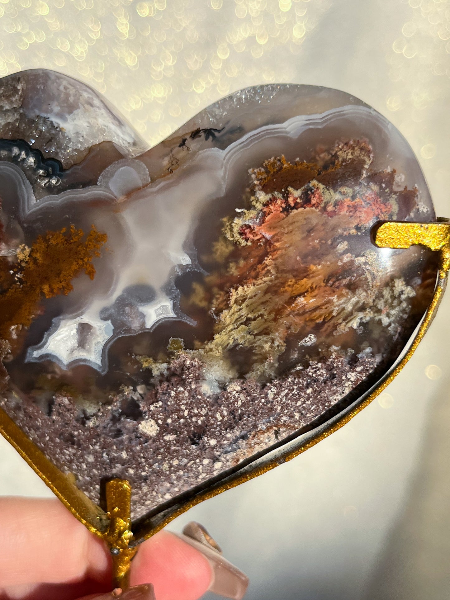 Nebula Agate & Scenic Moss Heart Carving on Gold Display Stand