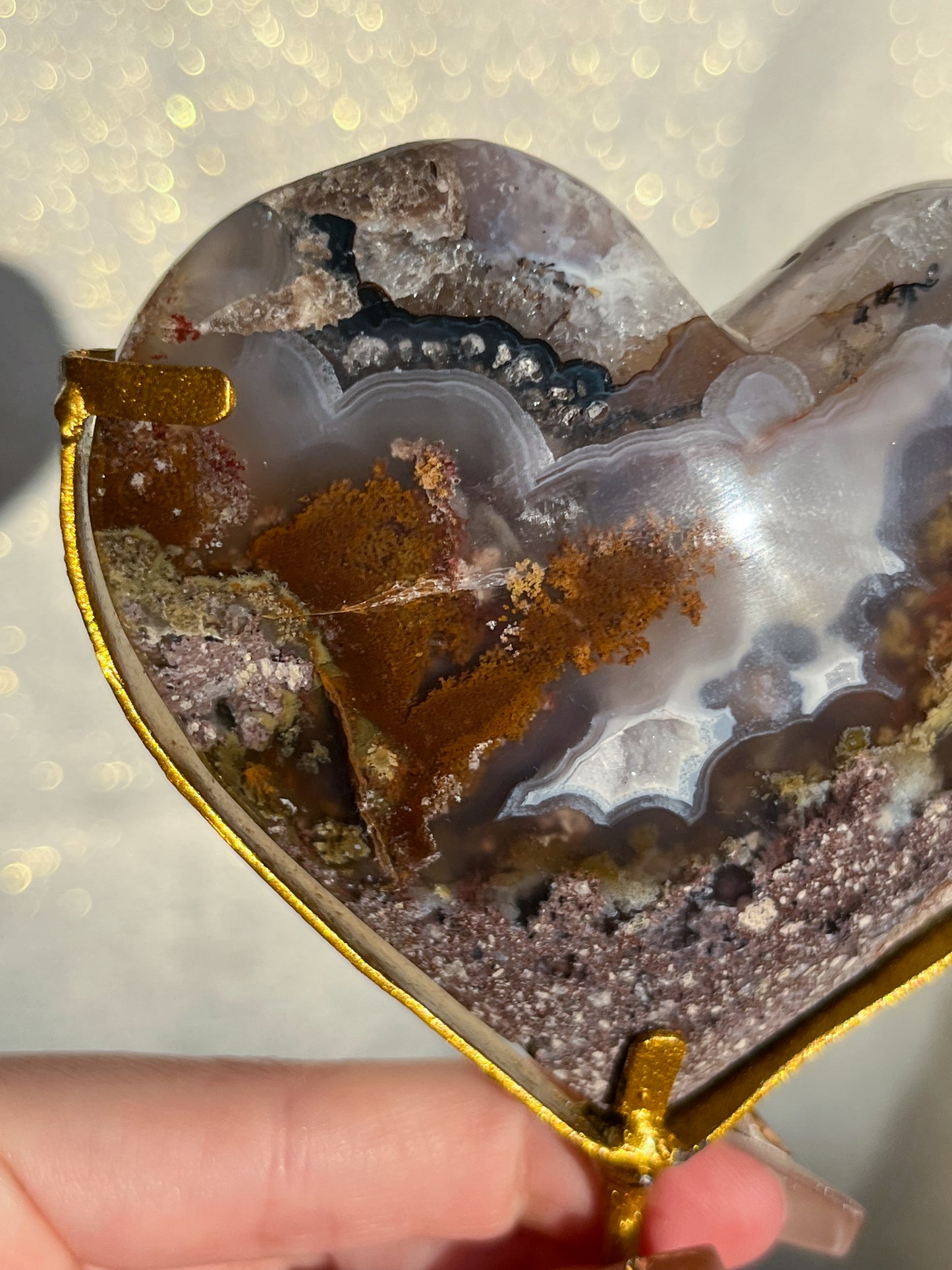 Nebula Agate & Scenic Moss Heart Carving on Gold Display Stand