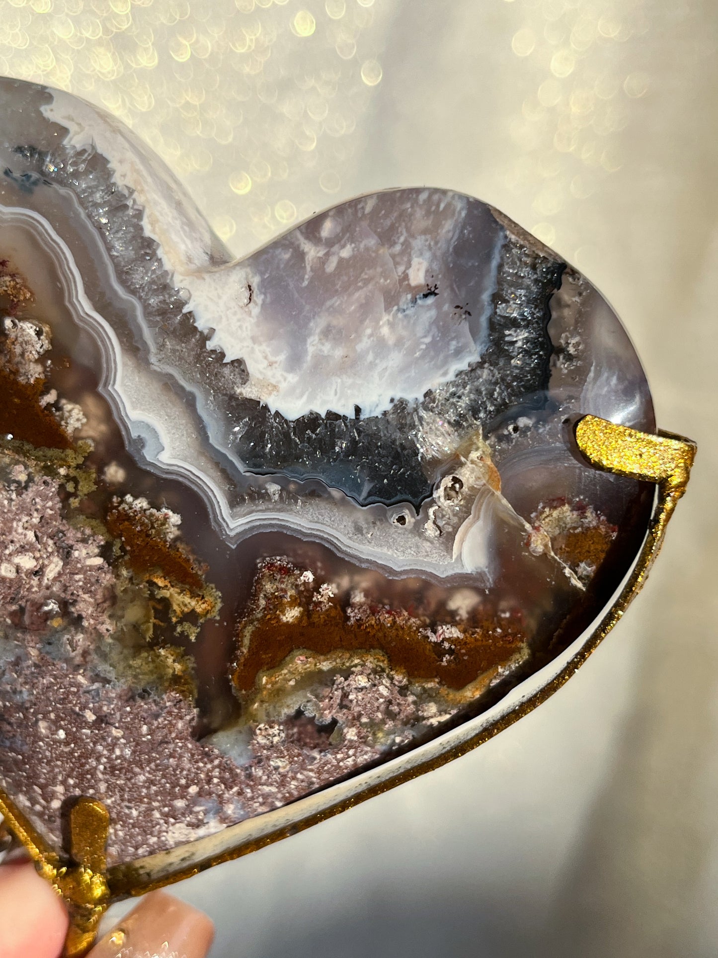 Nebula Agate & Scenic Moss Heart Carving on Gold Display Stand