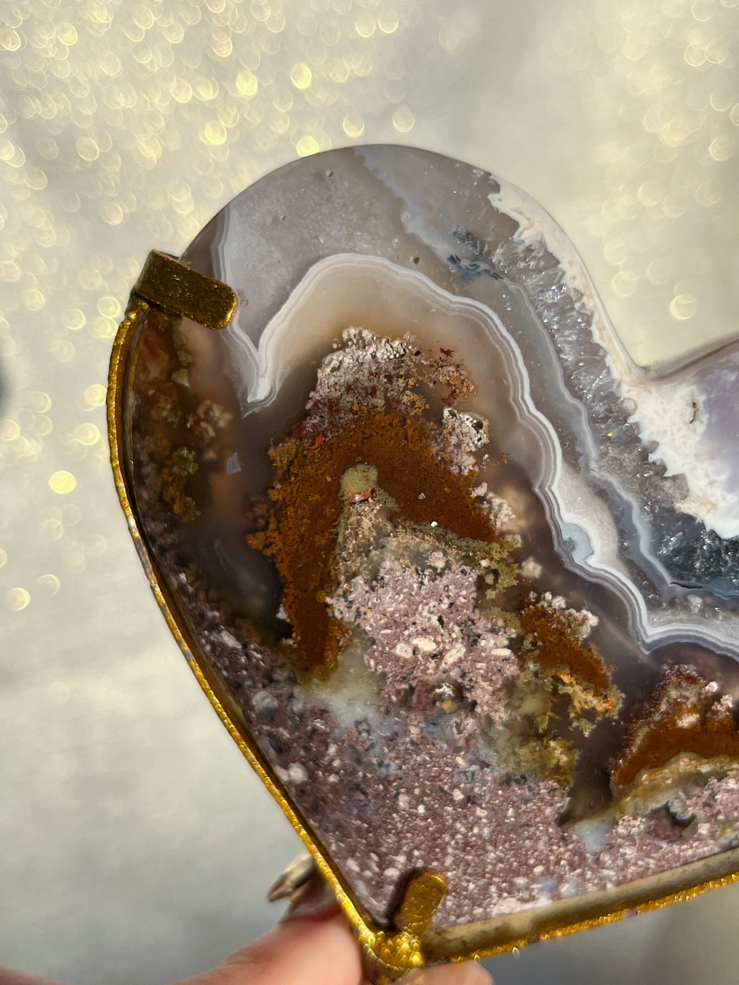 Nebula Agate & Scenic Moss Heart Carving on Gold Display Stand