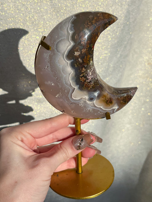 Nebula Agate & Scenic Moss Puffy Moon Carving w/Gold Display Stand #2