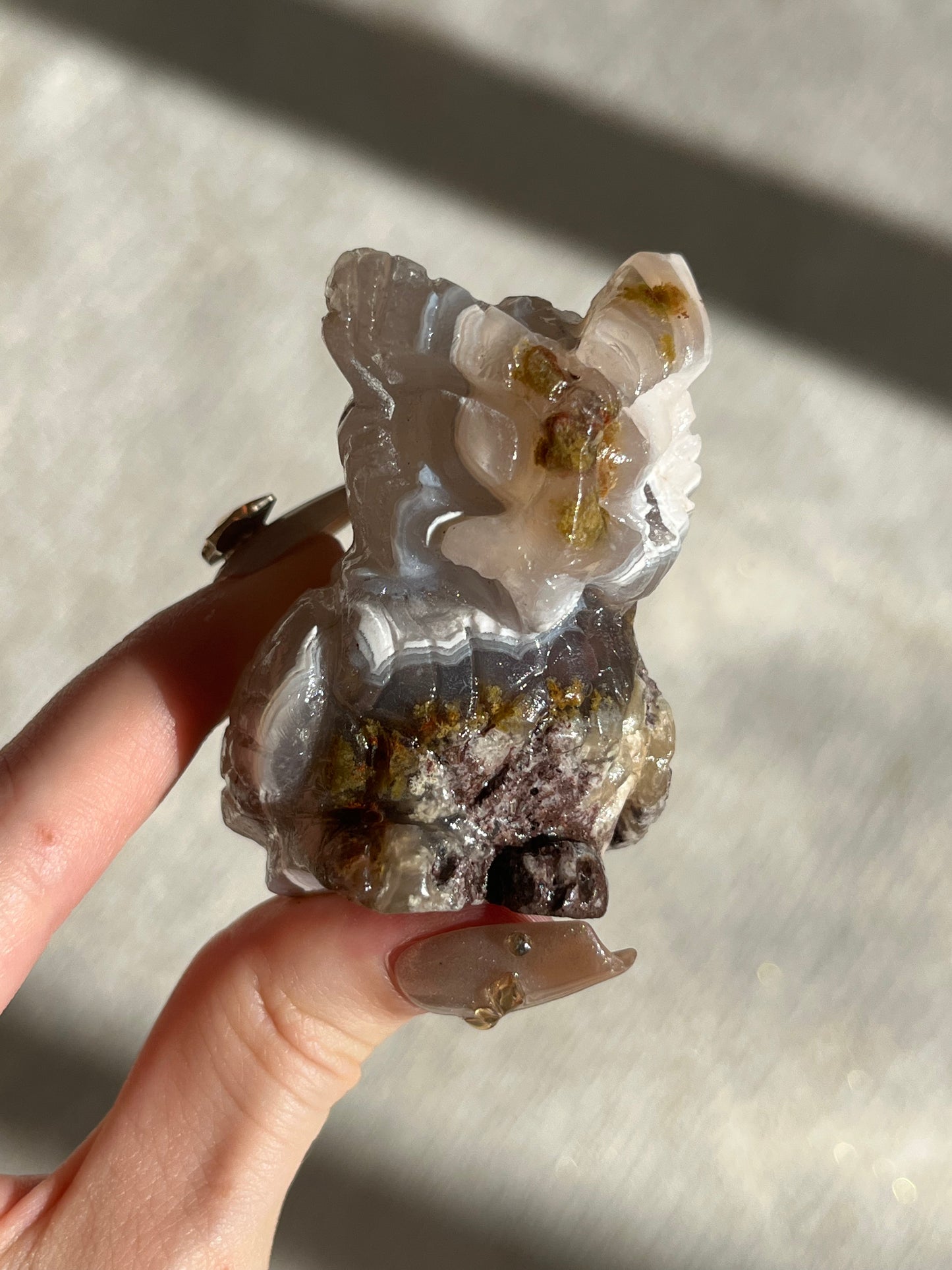 "Hedwig" Nebula Agate and Scenic Moss Owl Carving A