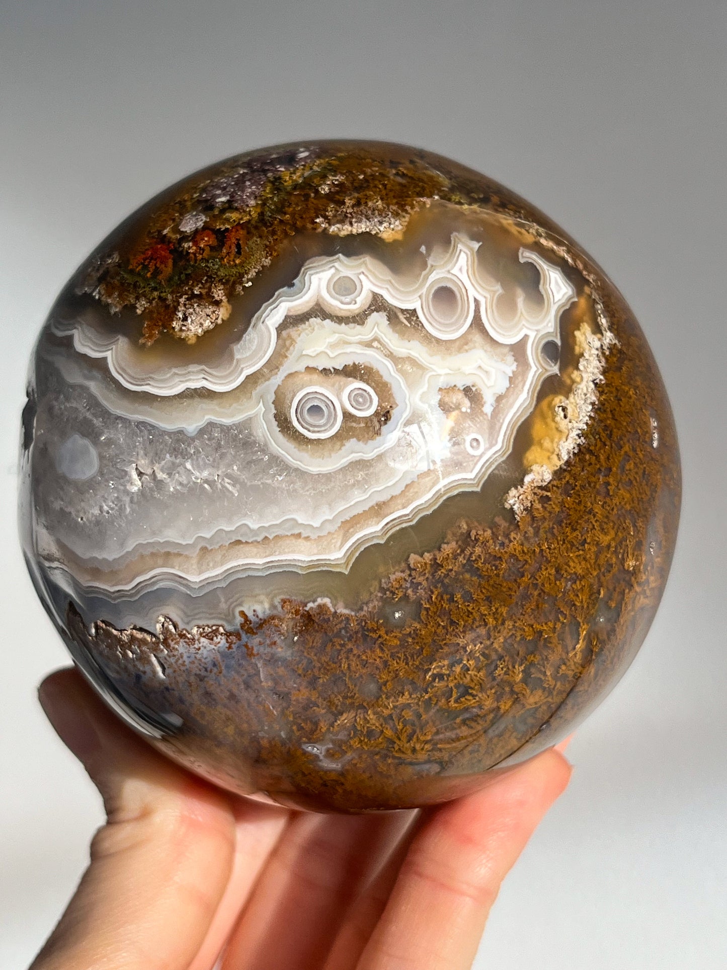 Orbicular Nebula Agate and Scenic Moss w/ Dendritic Sphere & Custom Sphere Stand #A