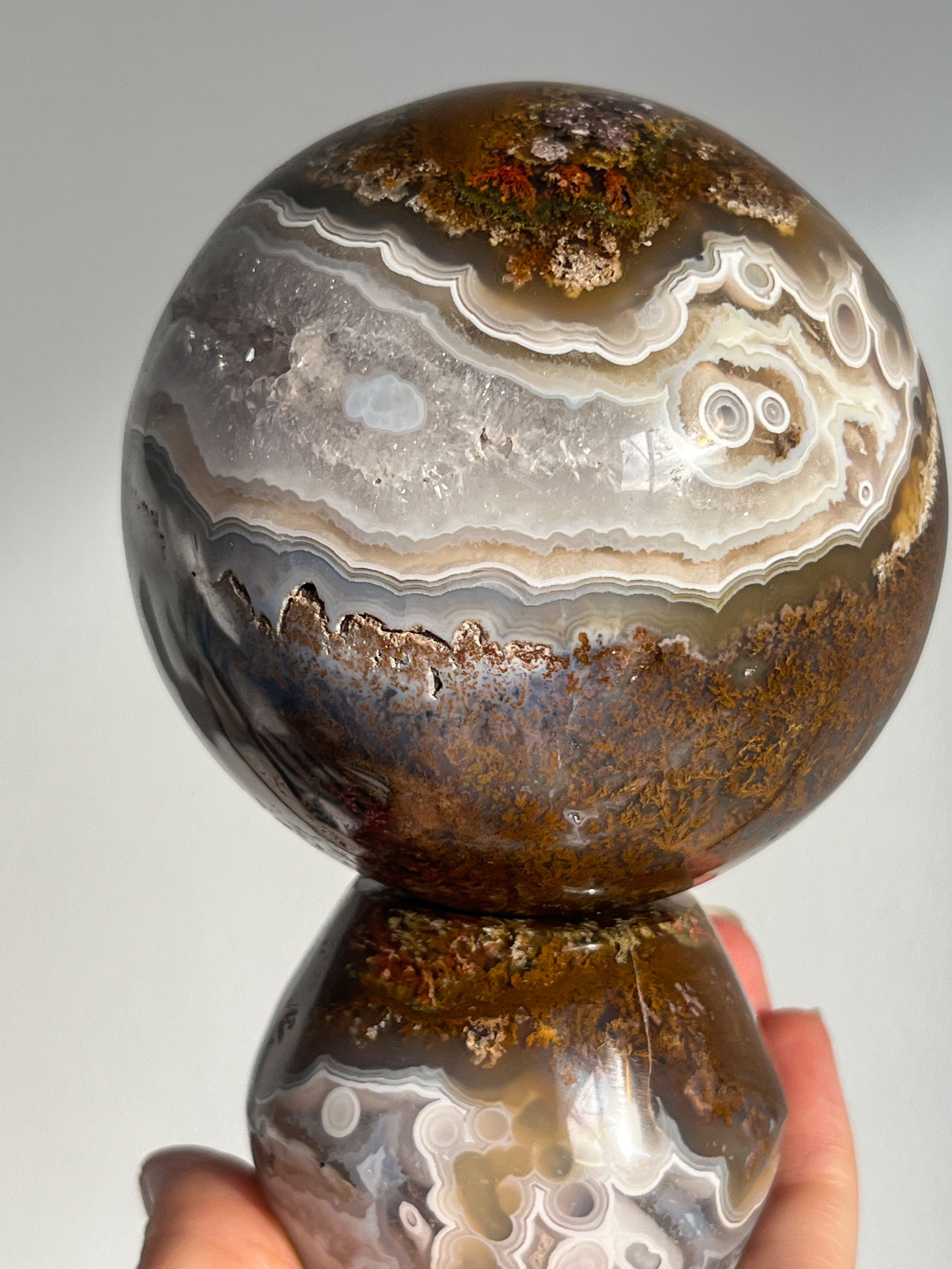 Orbicular Nebula Agate and Scenic Moss w/ Dendritic Sphere & Custom Sphere Stand #A