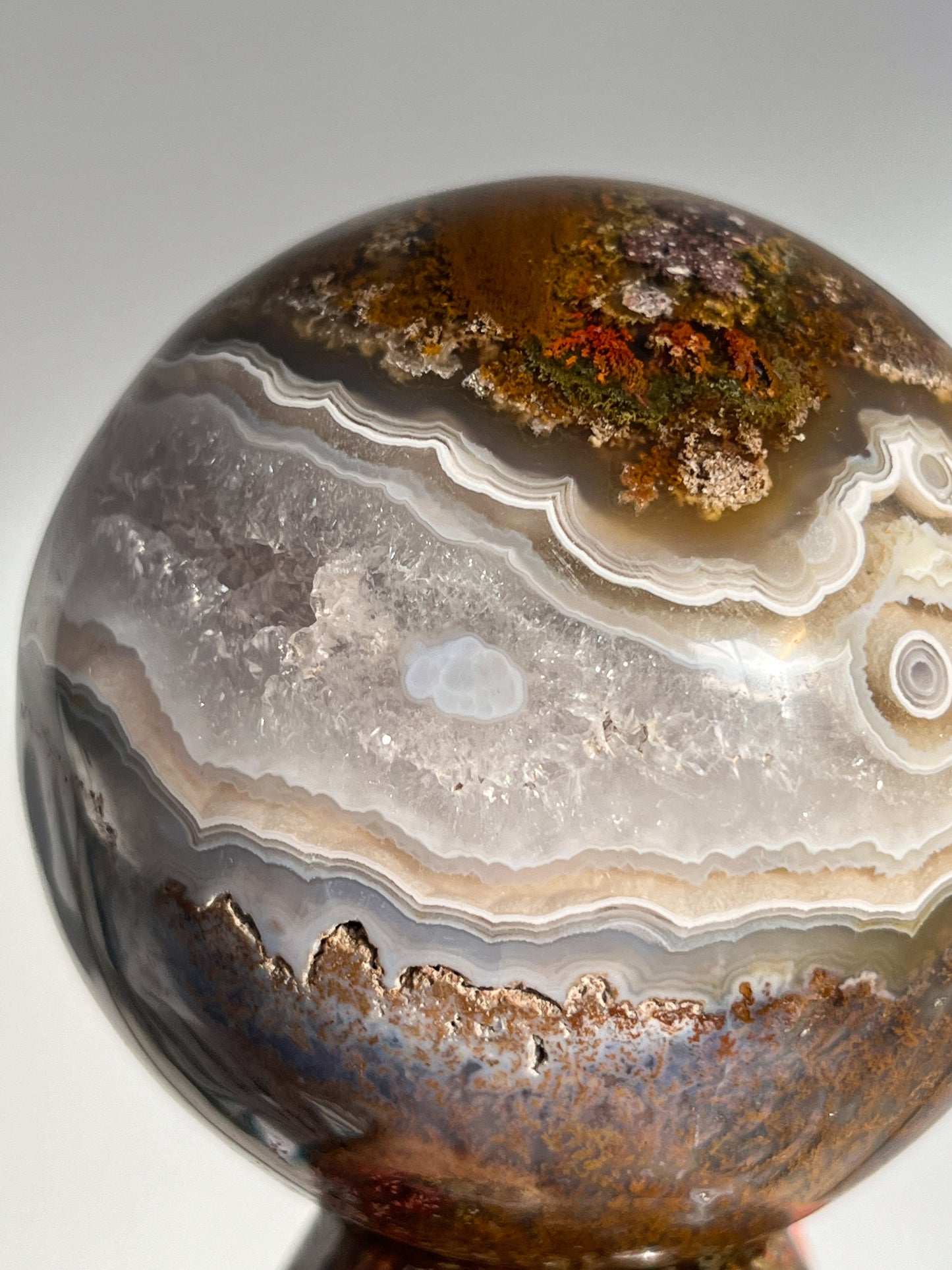 Orbicular Nebula Agate and Scenic Moss w/ Dendritic Sphere & Custom Sphere Stand #A