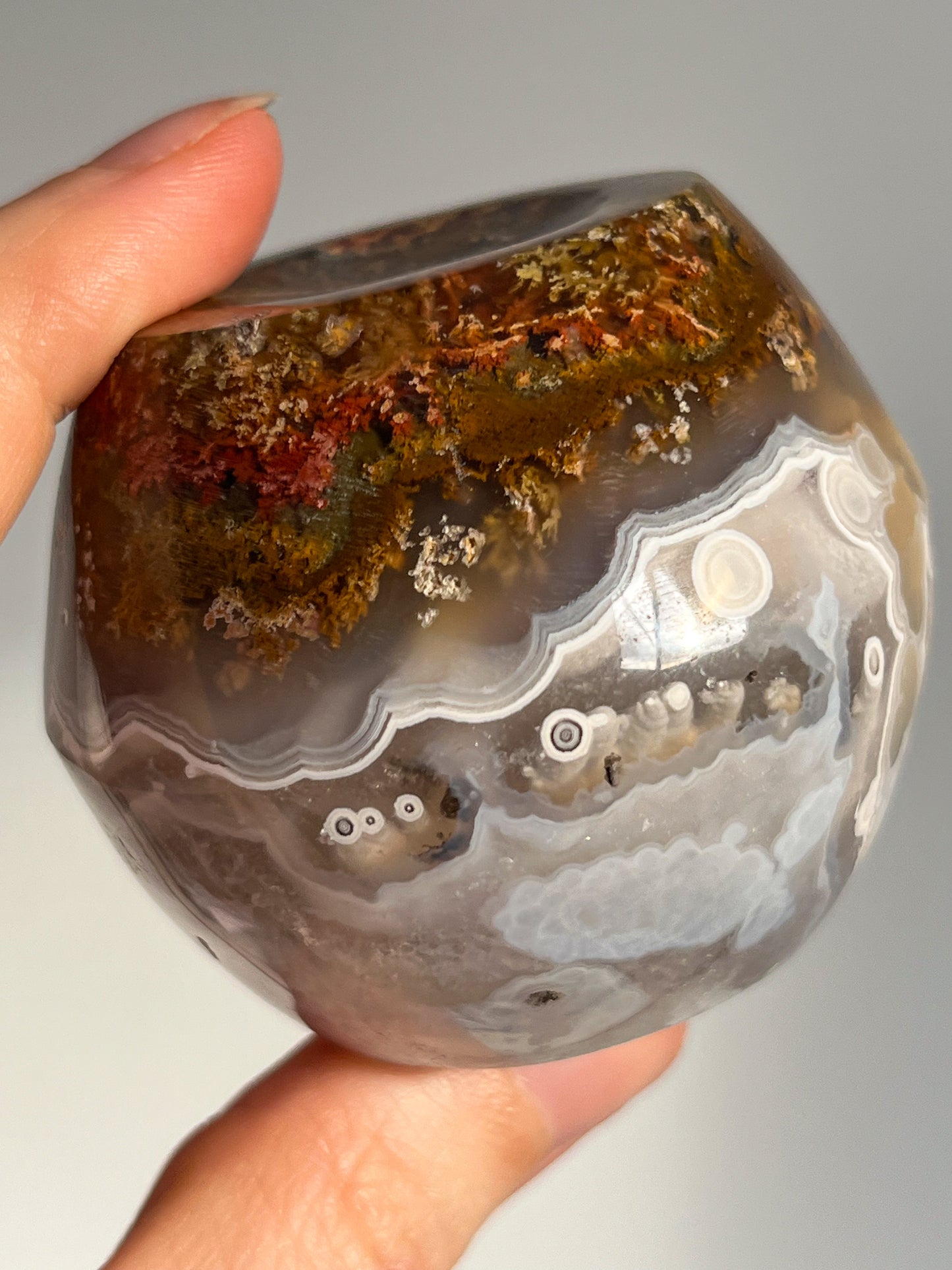 Orbicular Nebula Agate and Scenic Moss w/ Dendritic Sphere & Custom Sphere Stand #A