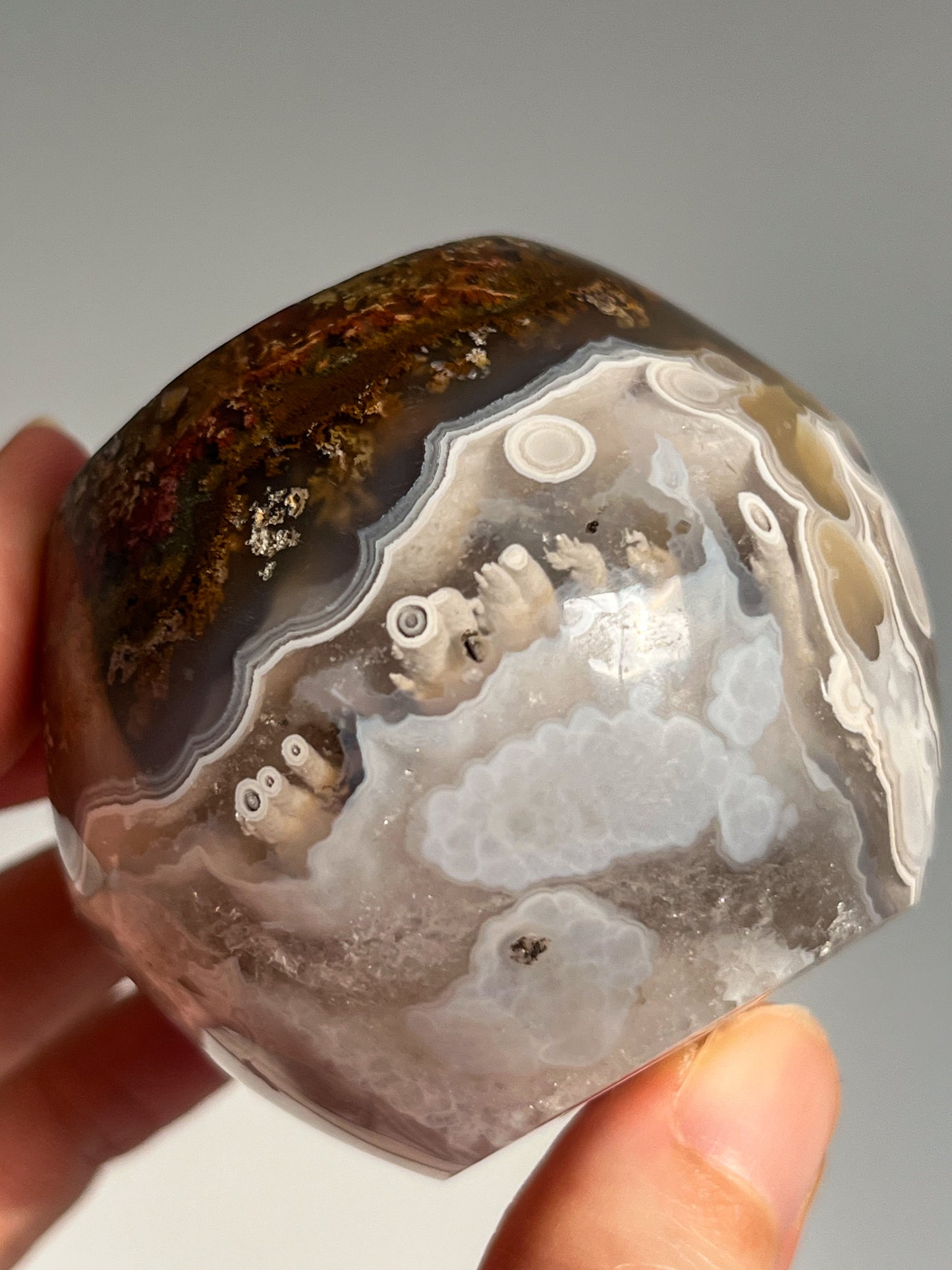 Orbicular Nebula Agate and Scenic Moss w/ Dendritic Sphere & Custom Sphere Stand #A