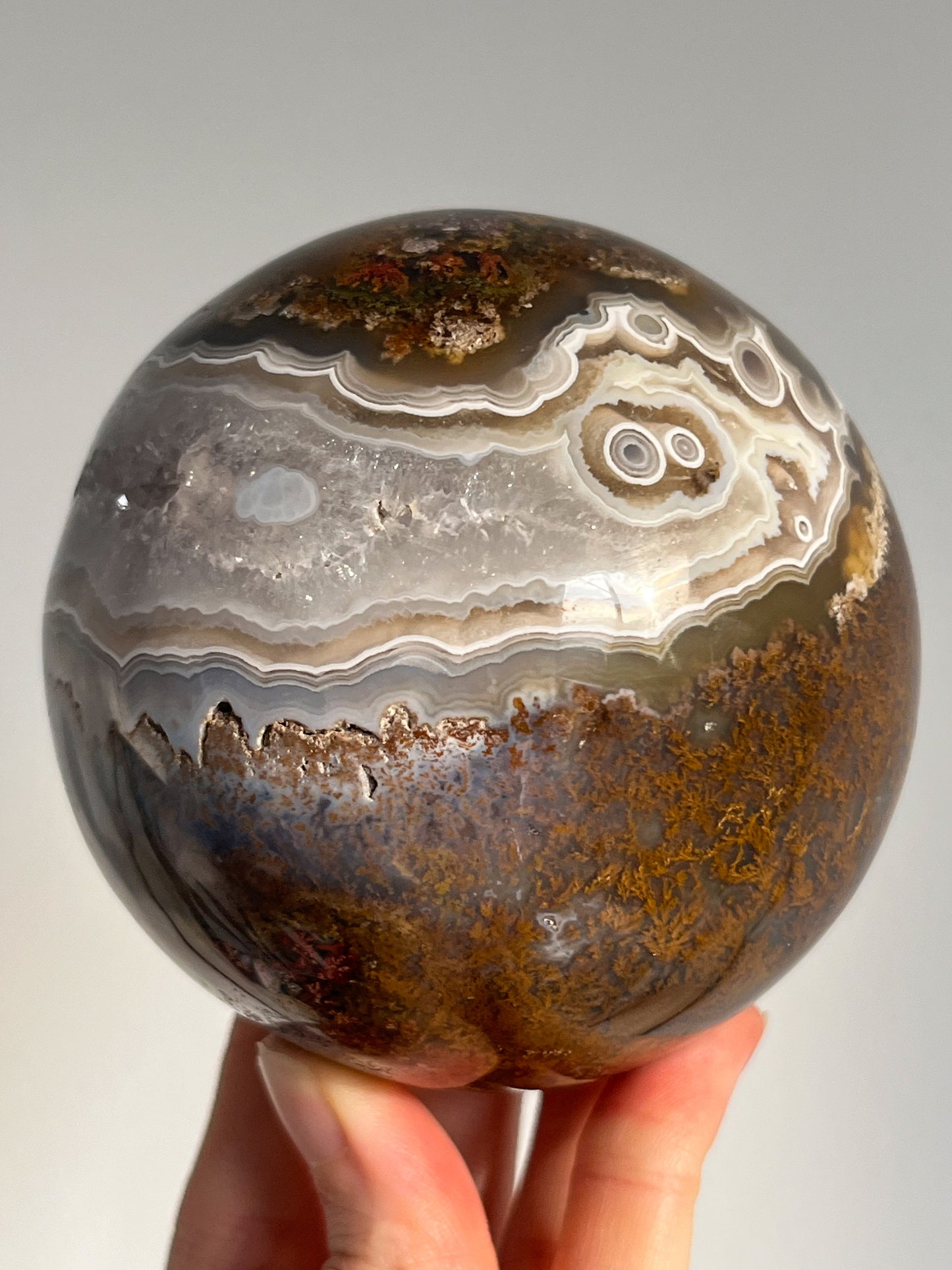 Orbicular Nebula Agate and Scenic Moss w/ Dendritic Sphere & Custom Sphere Stand #A