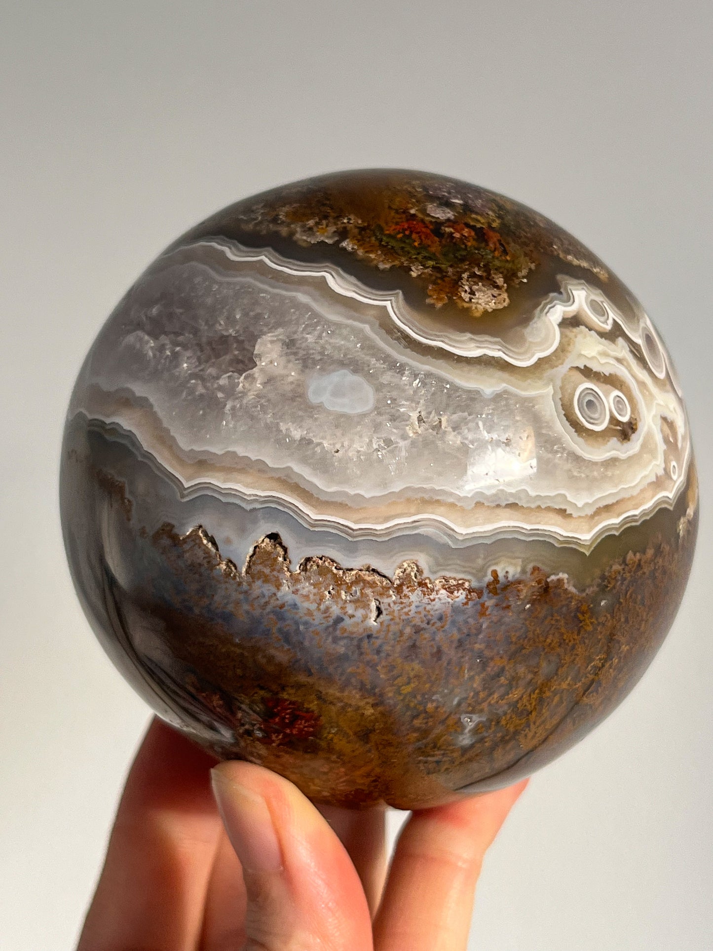 Orbicular Nebula Agate and Scenic Moss w/ Dendritic Sphere & Custom Sphere Stand #A