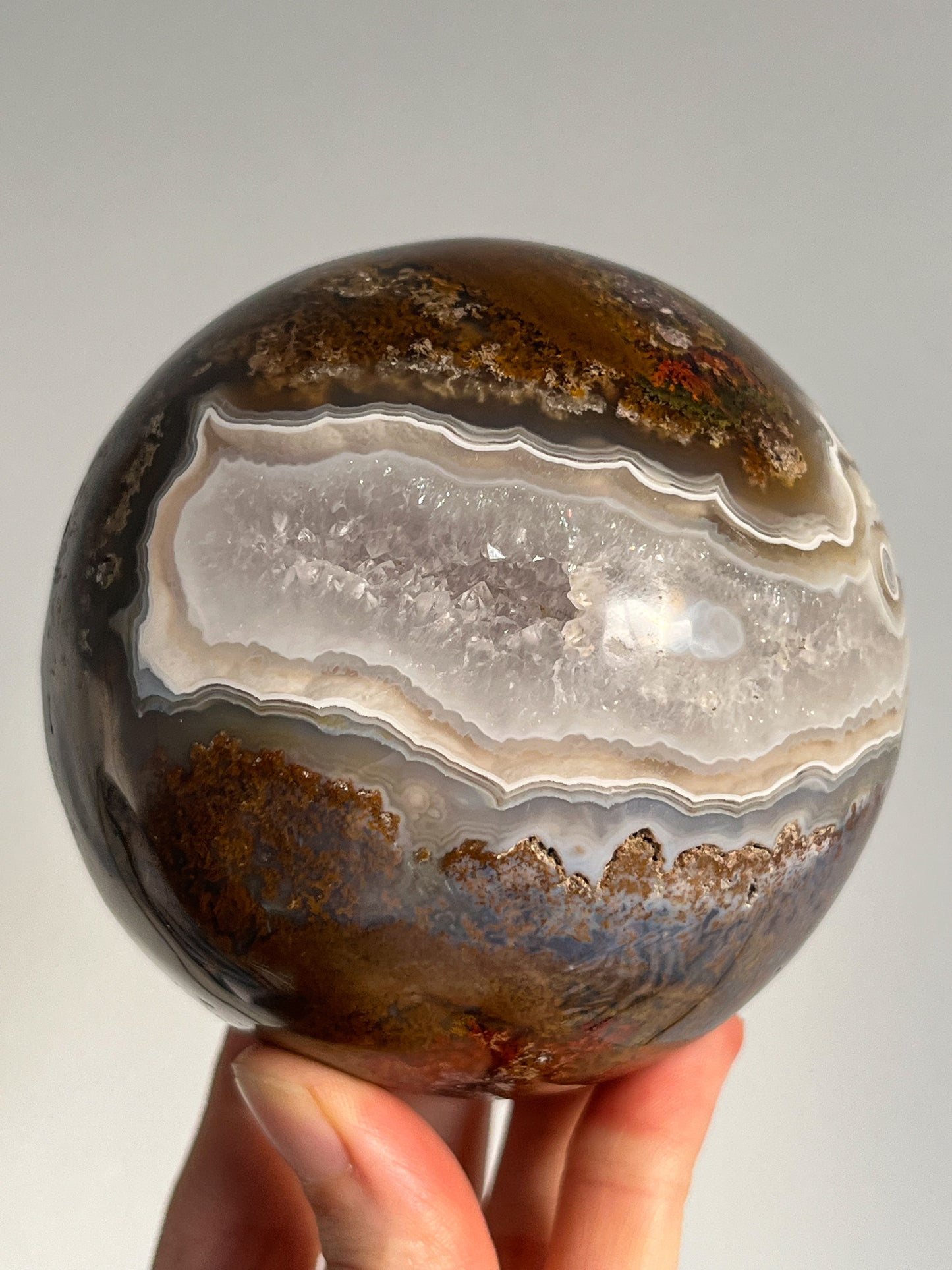 Orbicular Nebula Agate and Scenic Moss w/ Dendritic Sphere & Custom Sphere Stand #A