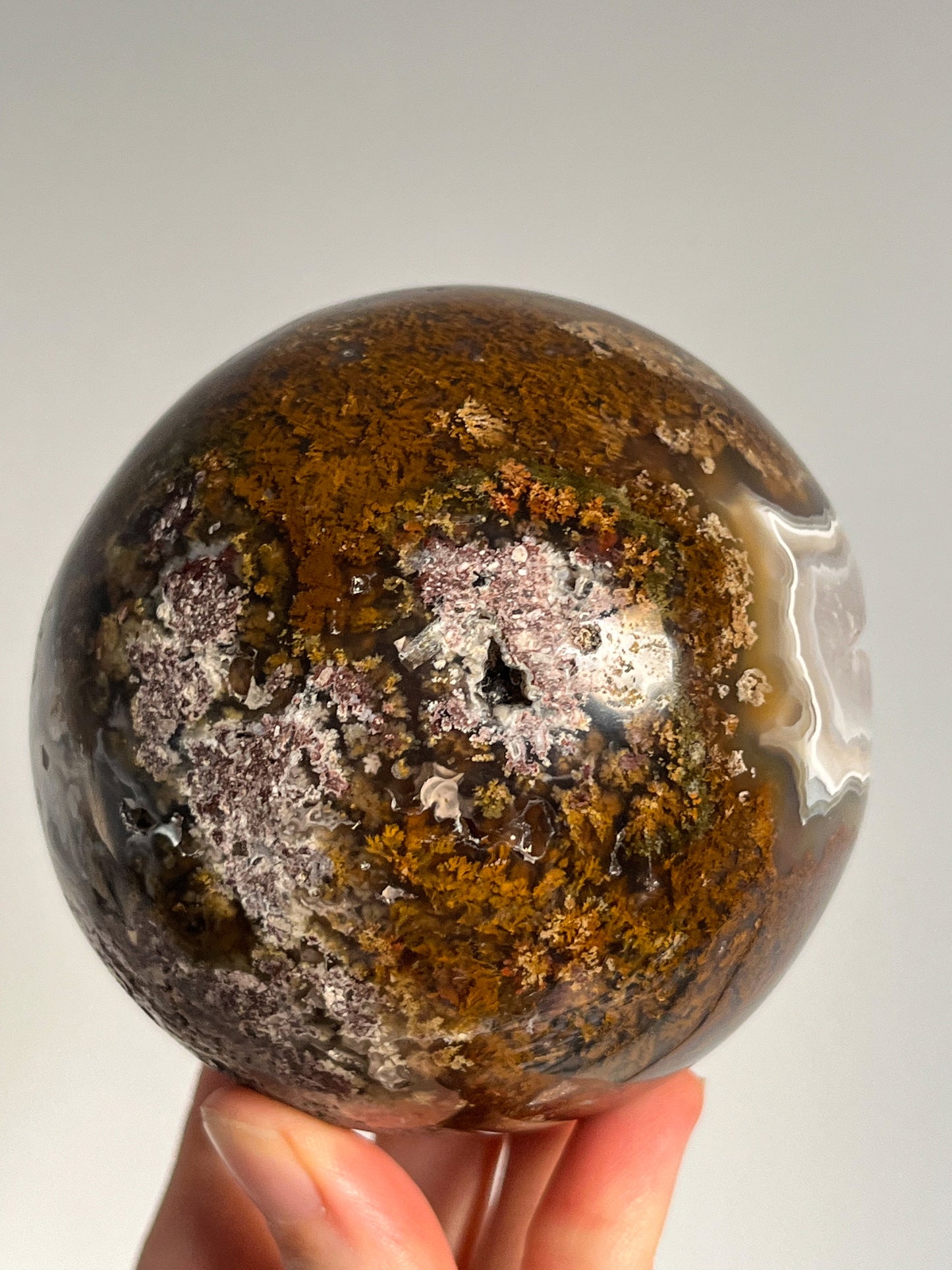 Orbicular Nebula Agate and Scenic Moss w/ Dendritic Sphere & Custom Sphere Stand #A