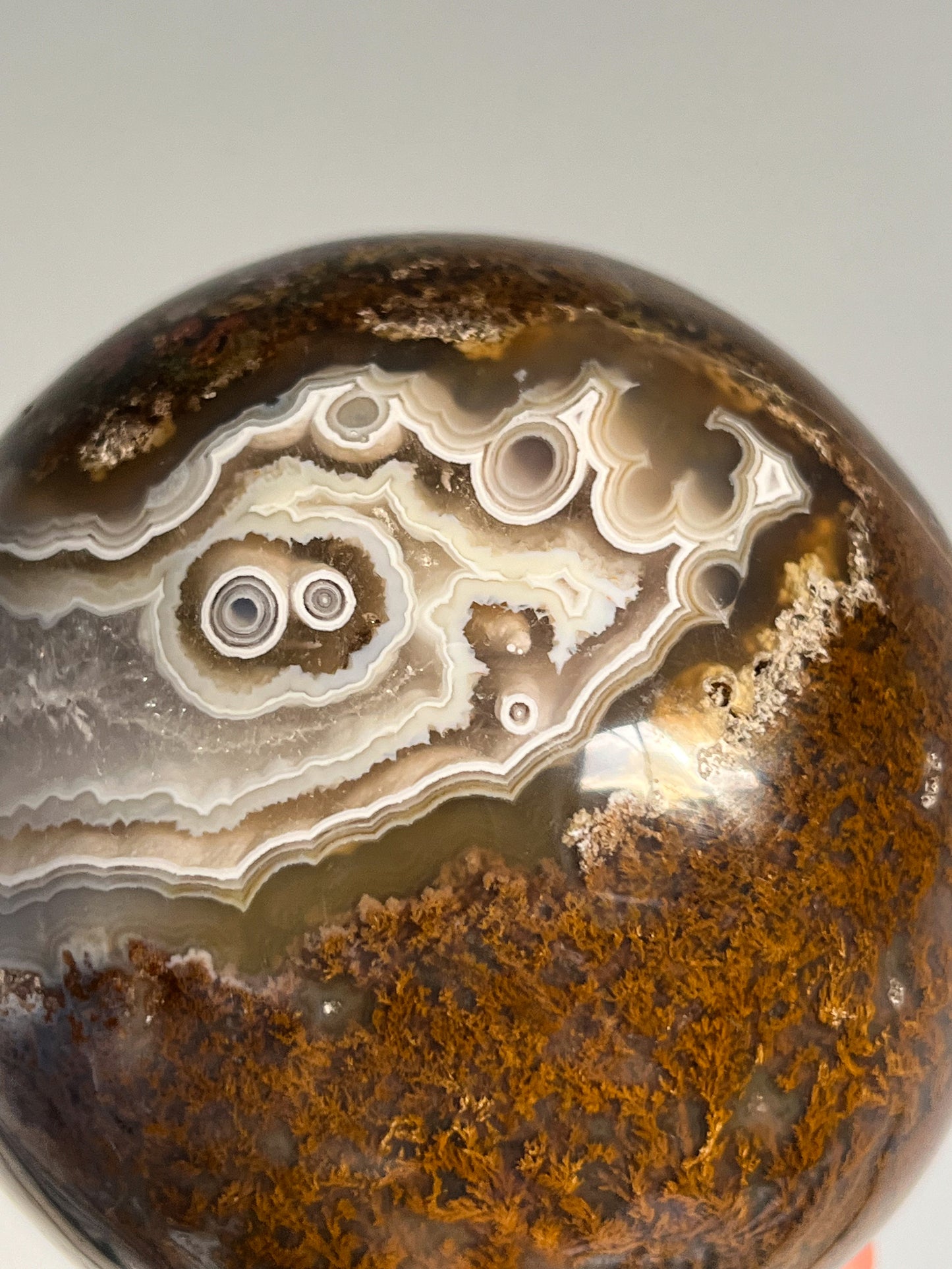 Orbicular Nebula Agate and Scenic Moss w/ Dendritic Sphere & Custom Sphere Stand #A