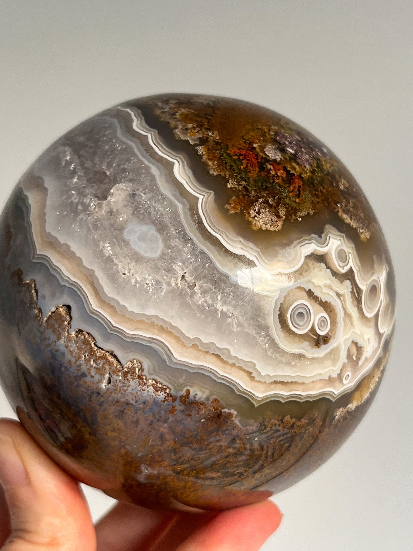 Orbicular Nebula Agate and Scenic Moss w/ Dendritic Sphere & Custom Sphere Stand #A