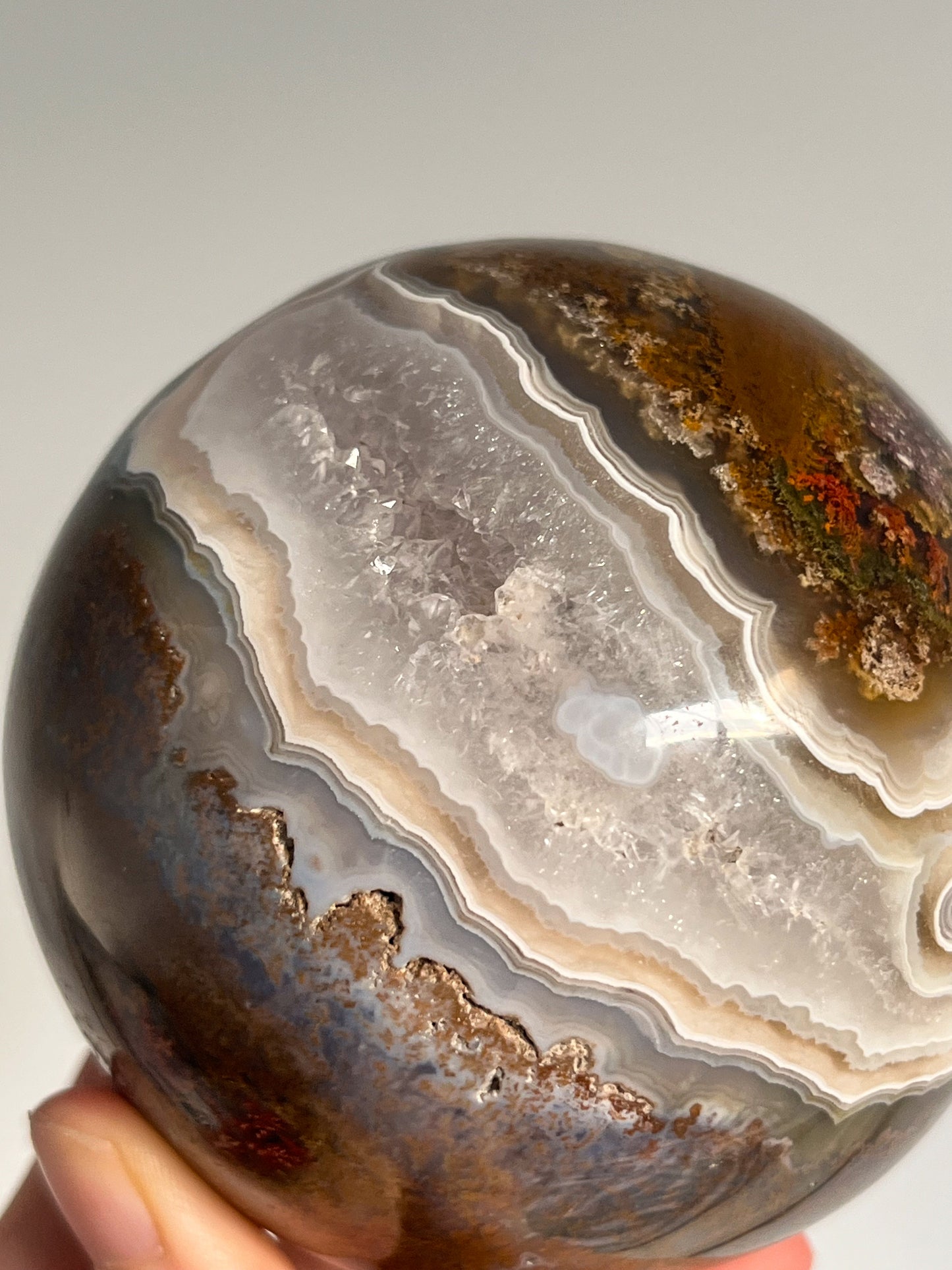 Orbicular Nebula Agate and Scenic Moss w/ Dendritic Sphere & Custom Sphere Stand #A