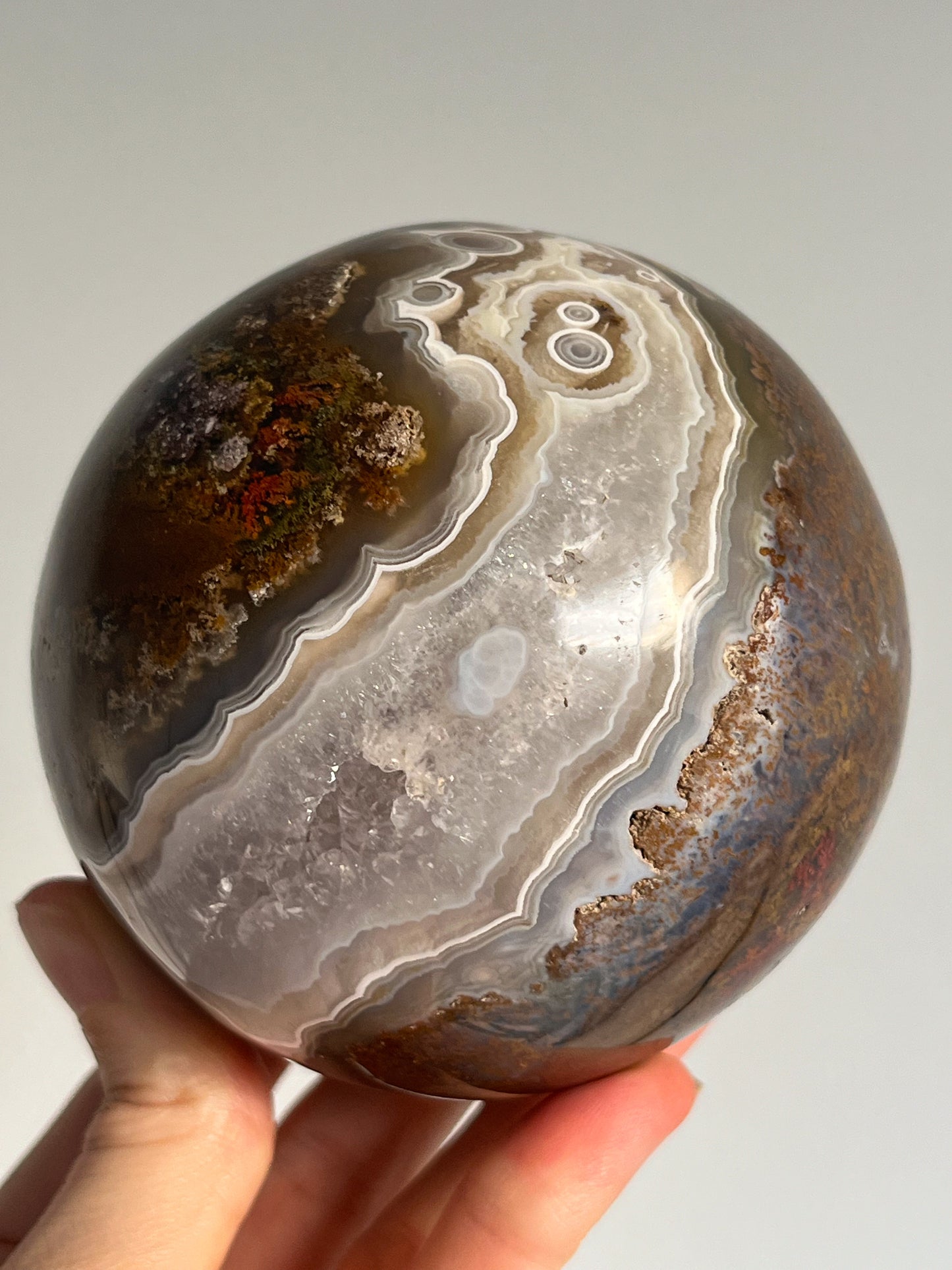 Orbicular Nebula Agate and Scenic Moss w/ Dendritic Sphere & Custom Sphere Stand #A