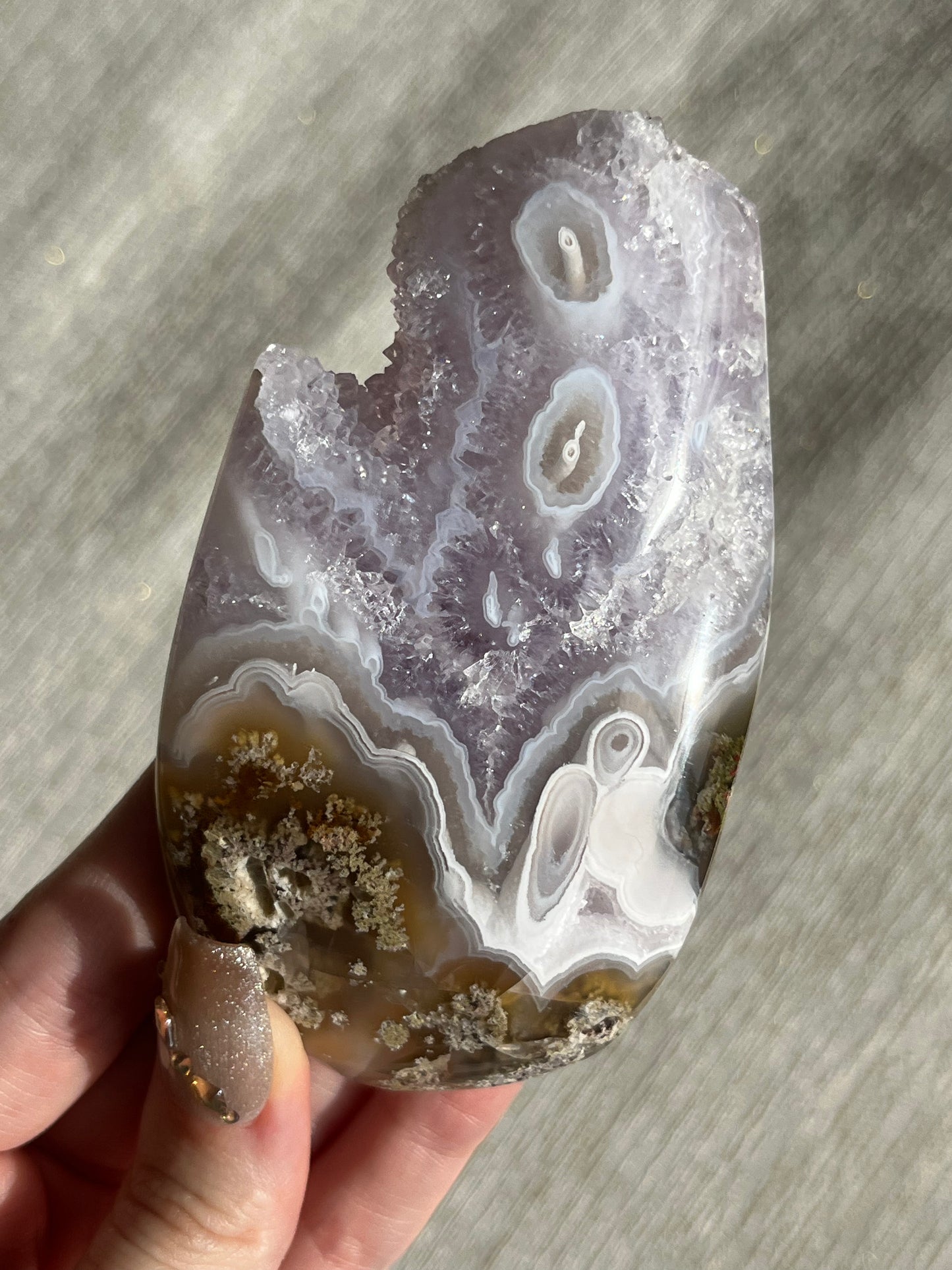 Orbicular Nebula Agate, Amethyst and Scenic Moss Freeform B