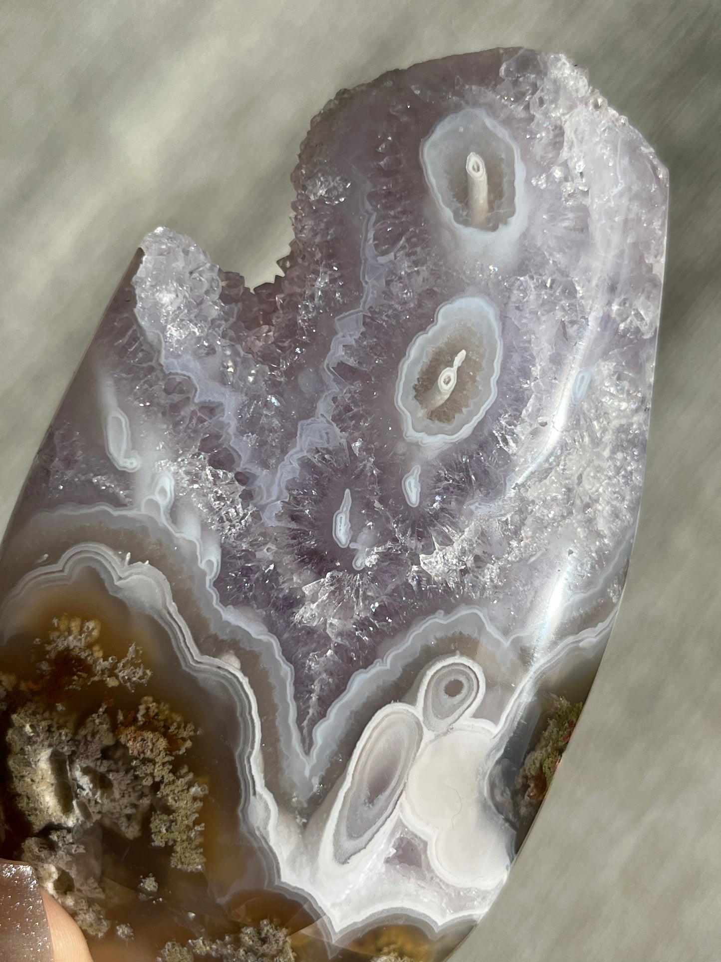 Orbicular Nebula Agate, Amethyst and Scenic Moss Freeform B