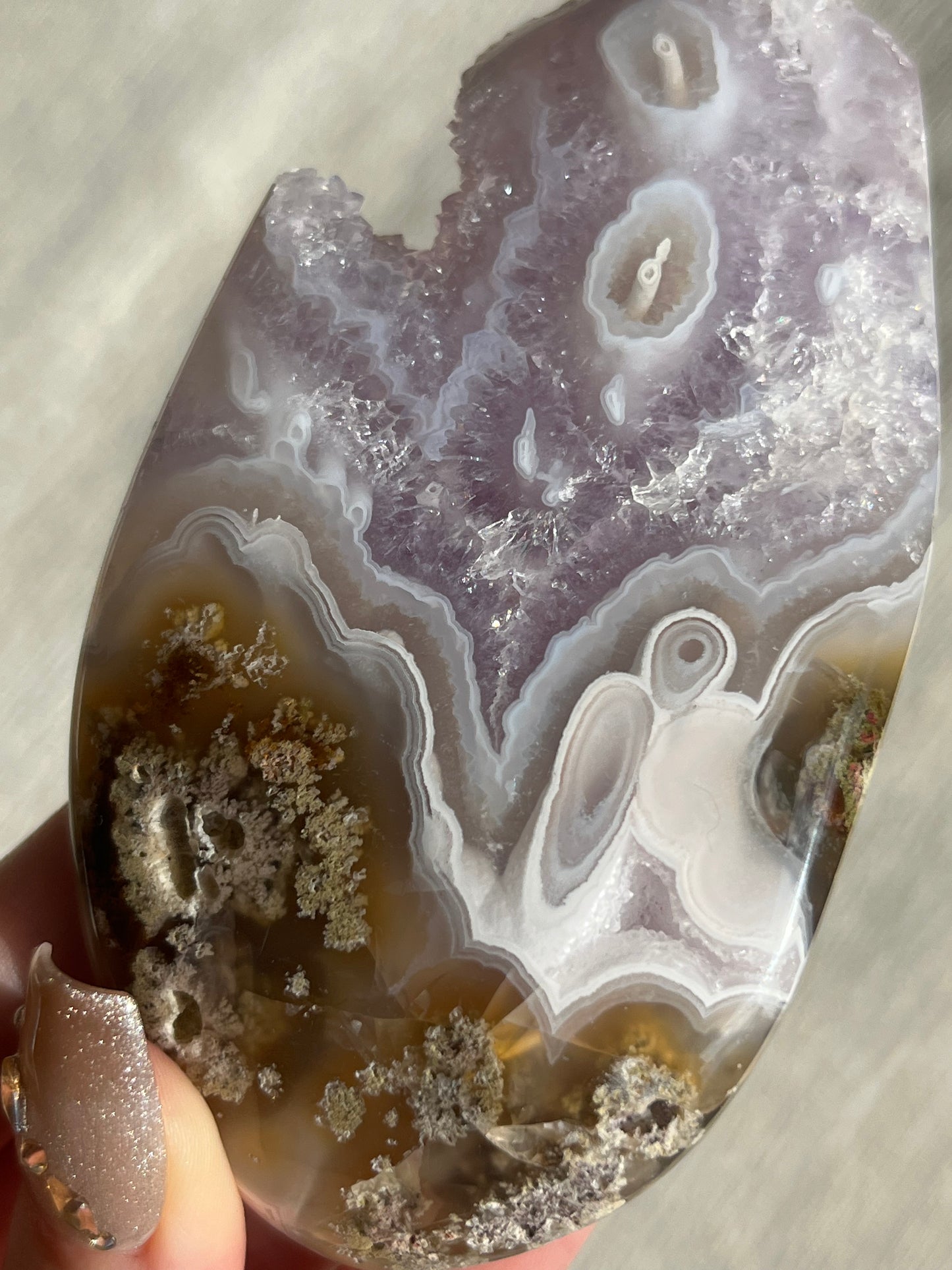 Orbicular Nebula Agate, Amethyst and Scenic Moss Freeform B