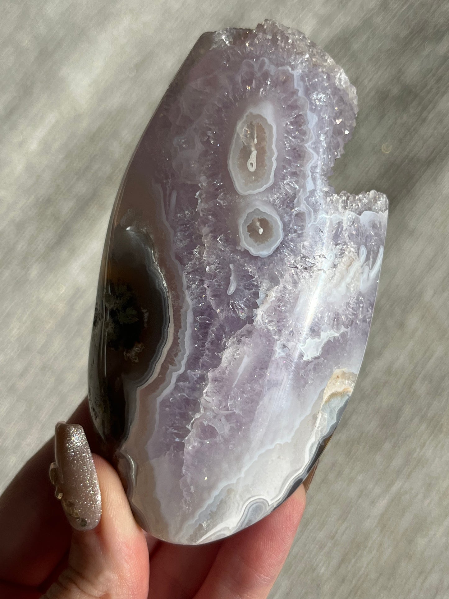 Orbicular Nebula Agate, Amethyst and Scenic Moss Freeform B