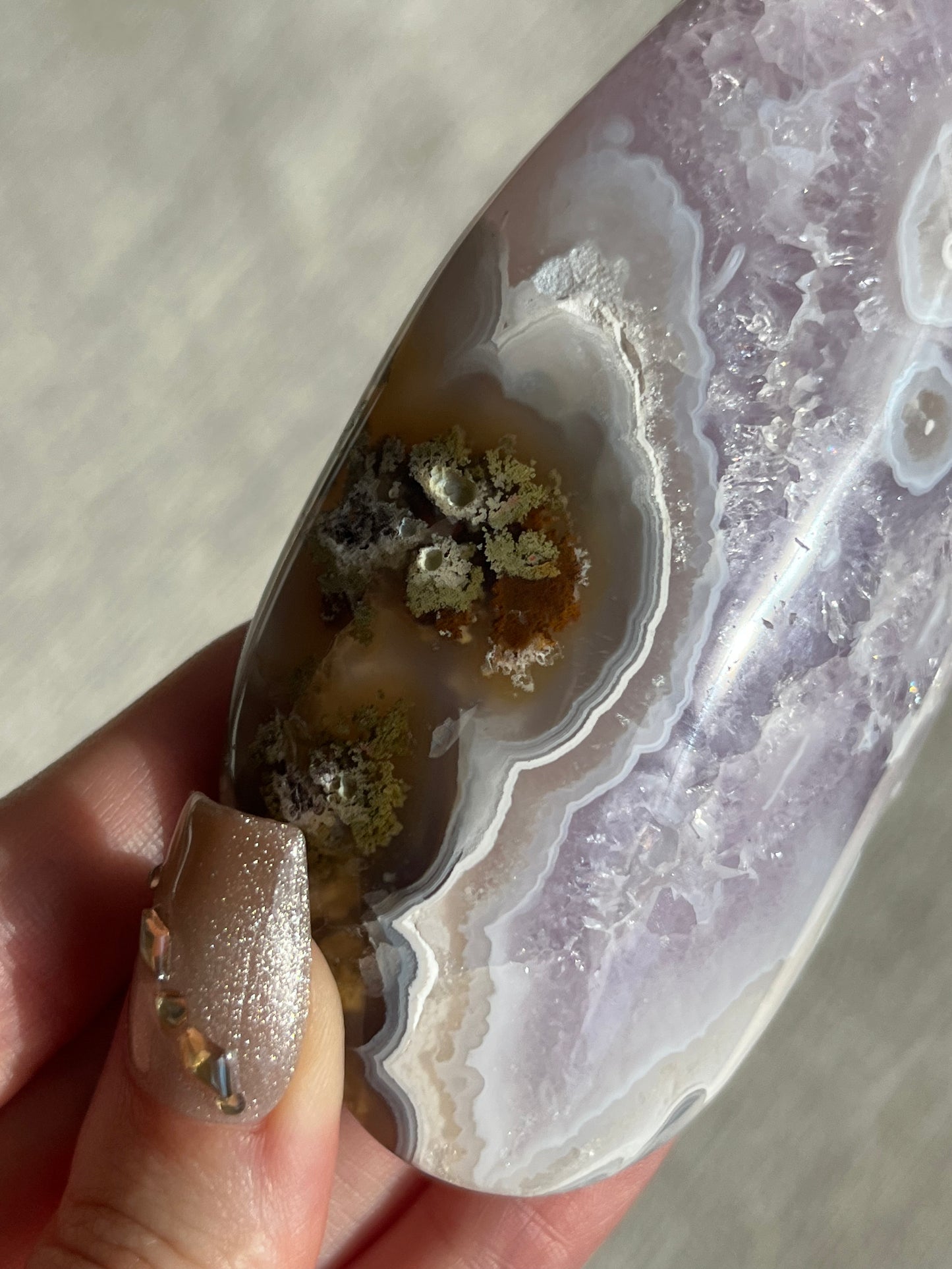 Orbicular Nebula Agate, Amethyst and Scenic Moss Freeform B