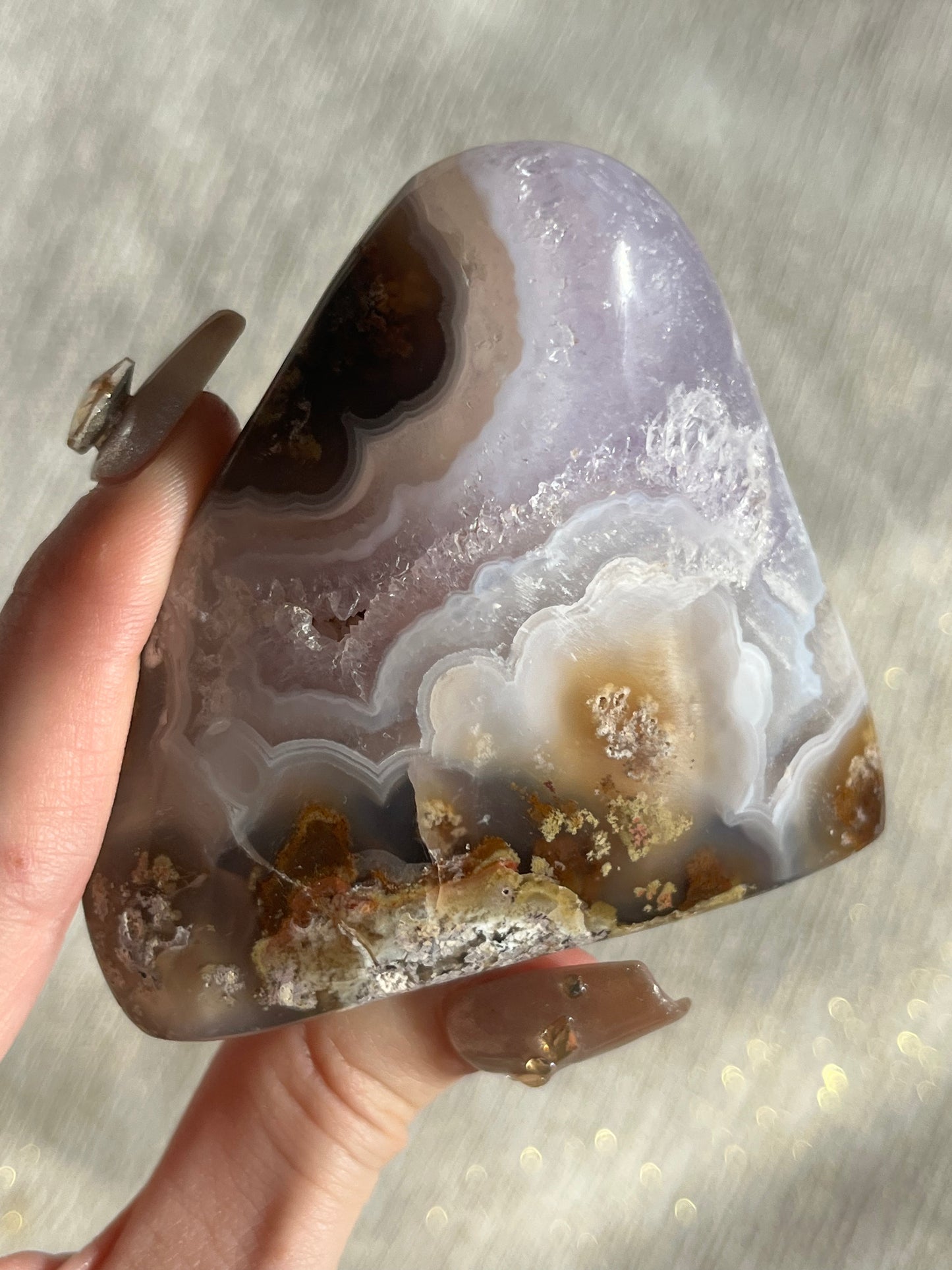 Nebula Agate, Amethyst and Scenic Moss Standing Freeform C