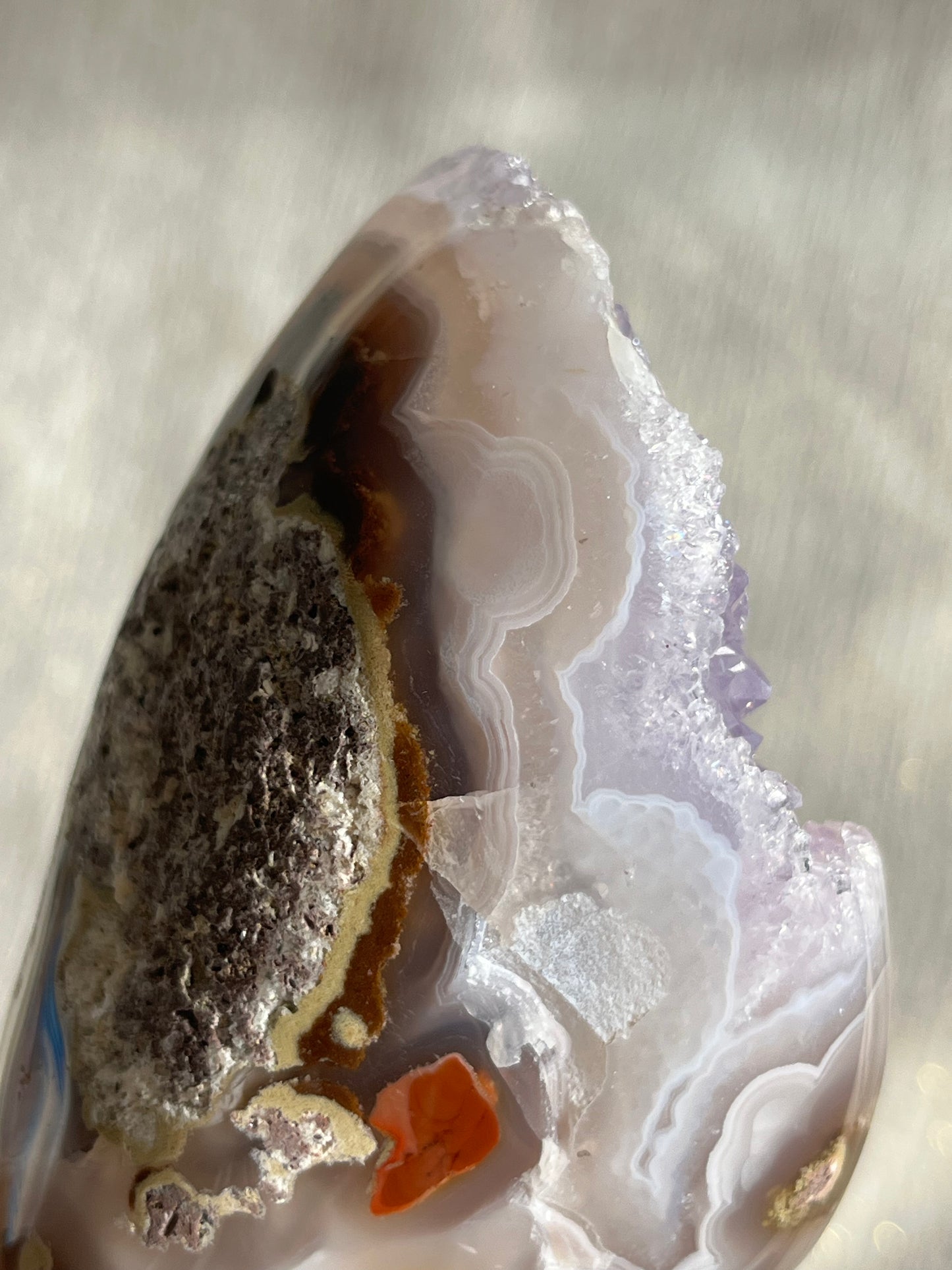 Nebula Agate, Amethyst and Scenic Moss Standing Freeform D