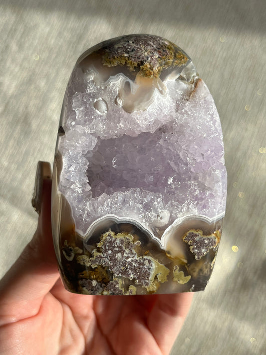 Nebula Agate, Amethyst and Scenic Moss Standing Freeform G